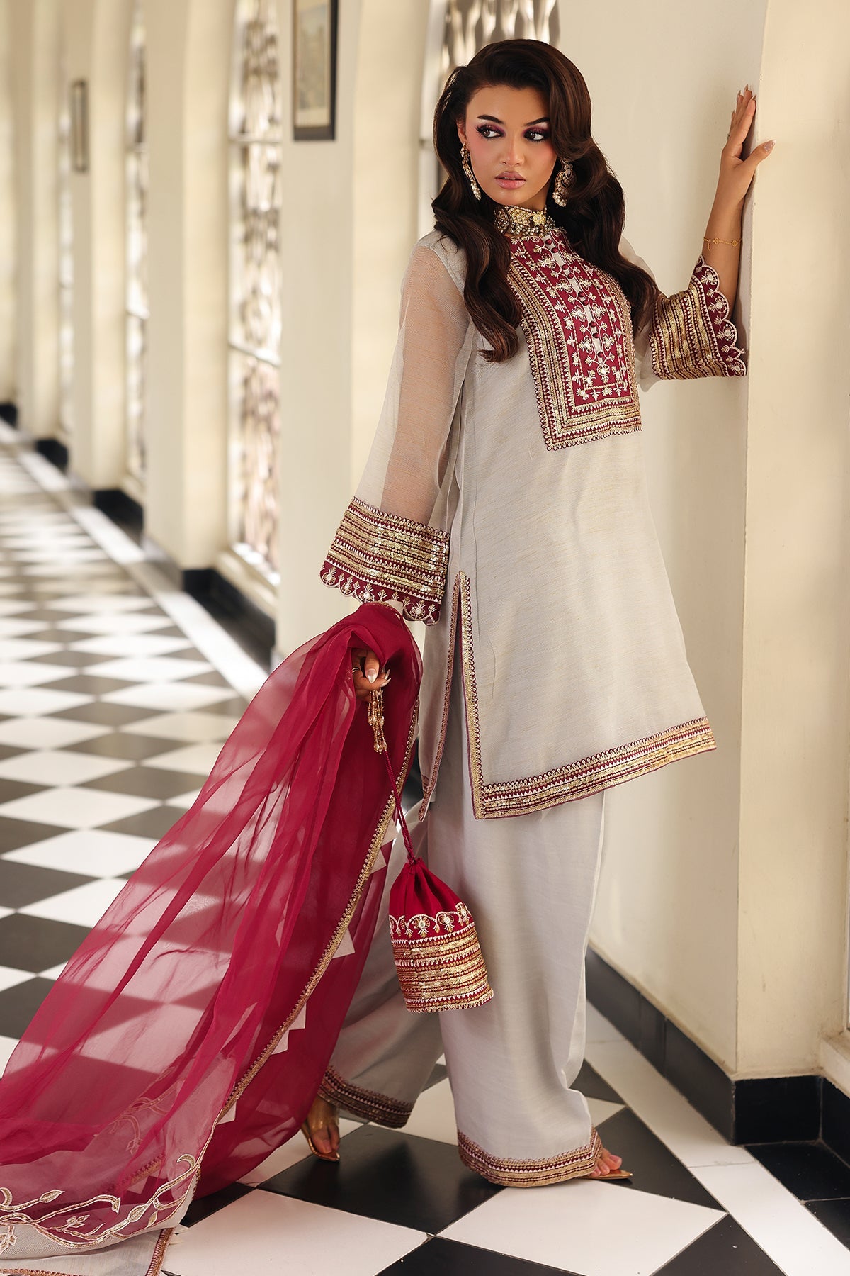 3-PC Embroidered Cotton Net CMA-5-233