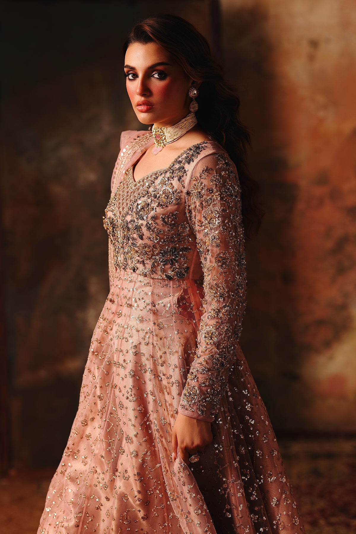 3-PC Embroidered Net STM-5-06- Rose Gold