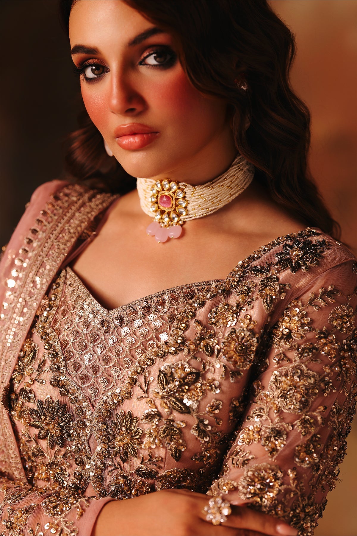 3-PC Embroidered Net STM-5-06- Rose Gold