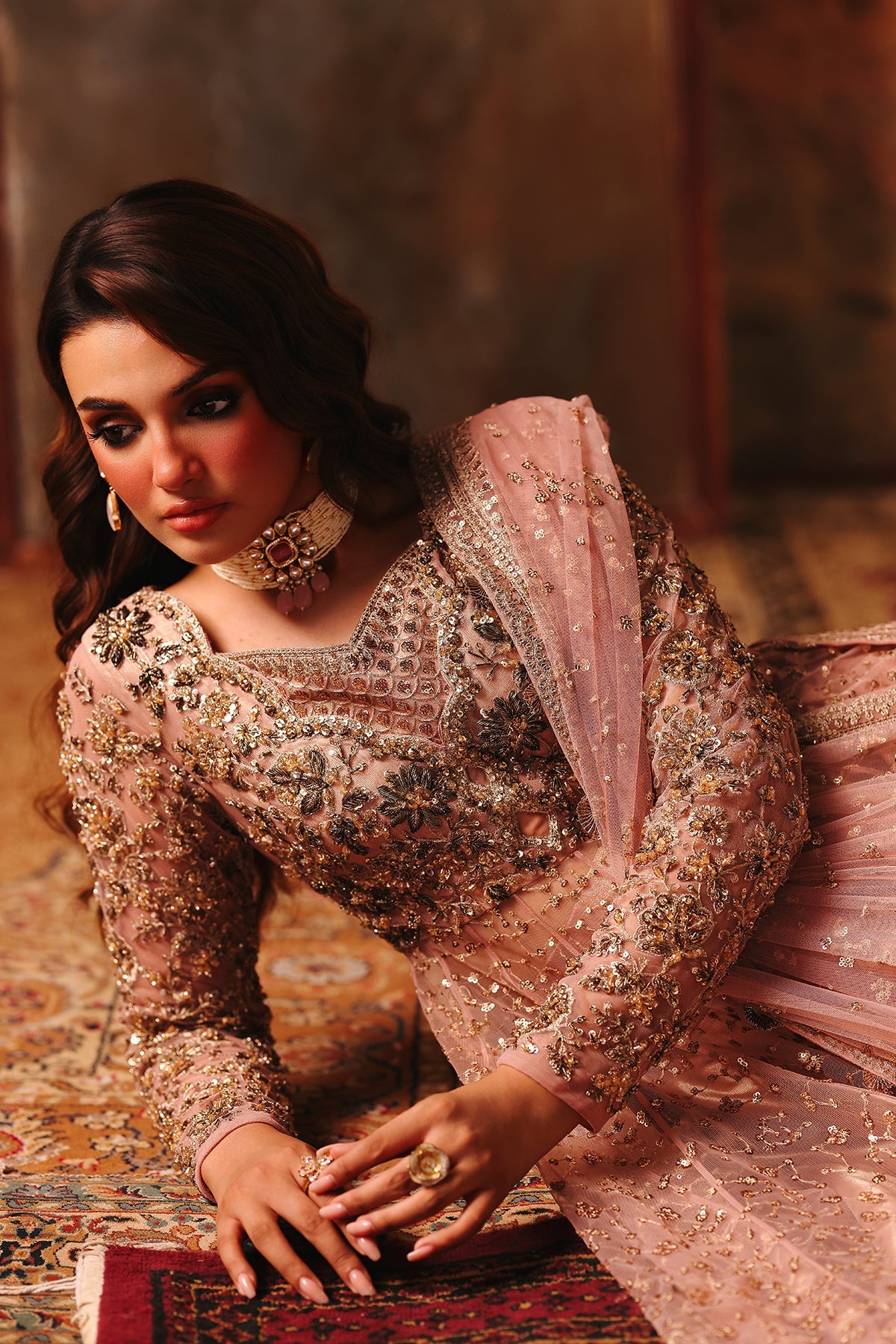 3-PC Embroidered Net STM-5-06- Rose Gold