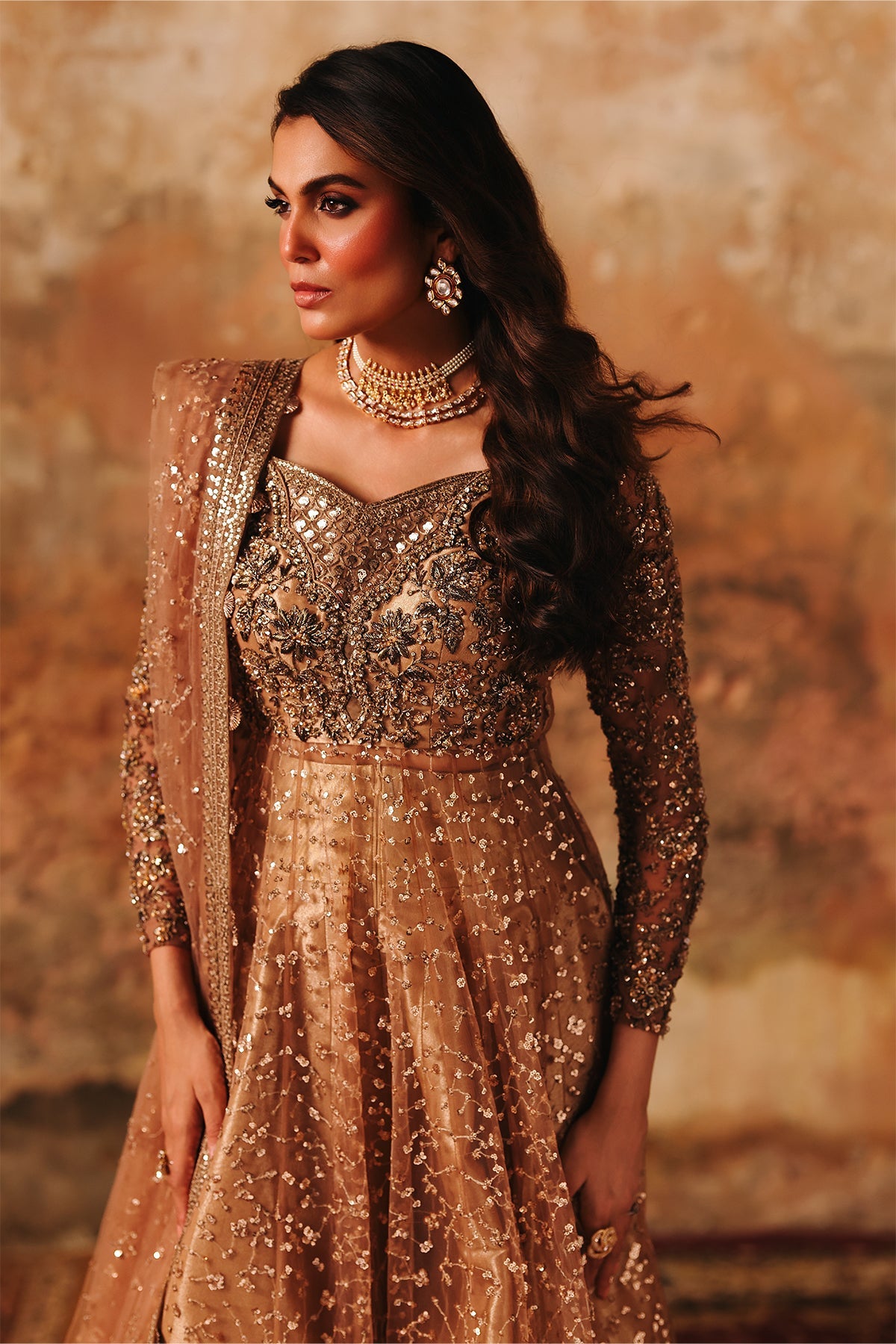 3-PC Embroidered Net STM-5-015 - Peach