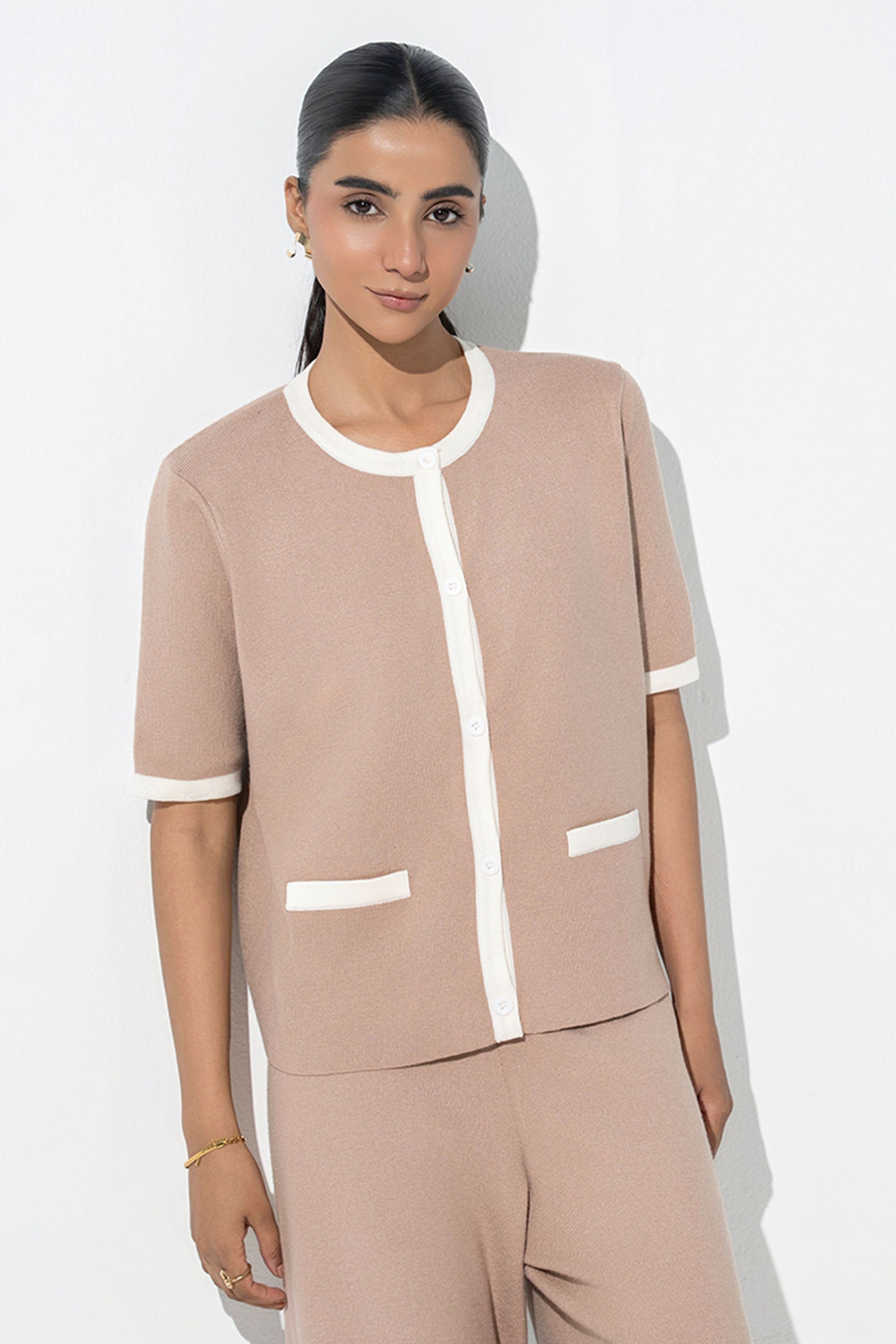 Contrast Piping Sweater Set