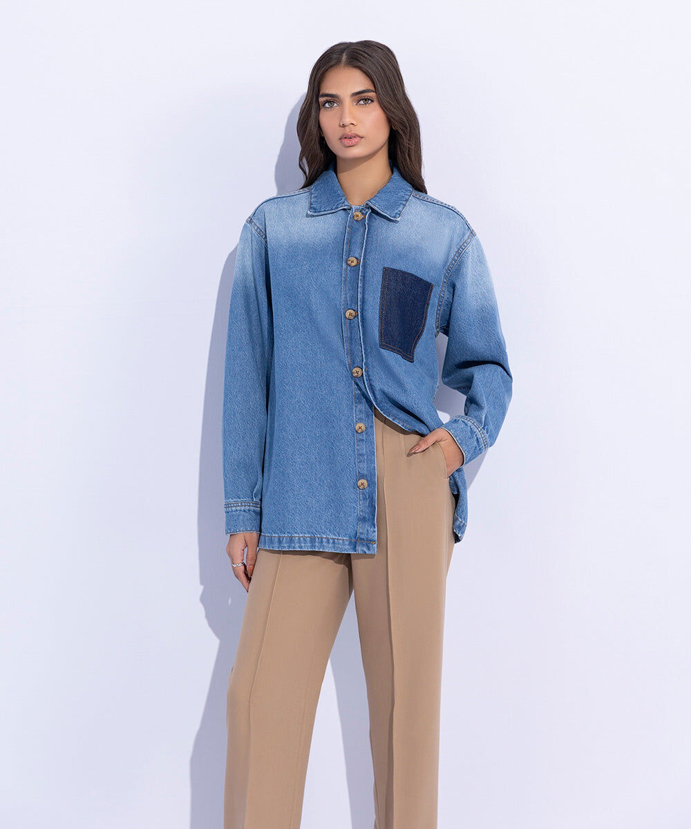 Woman - Blue Denim Overshirt with Contrasting Pocket
