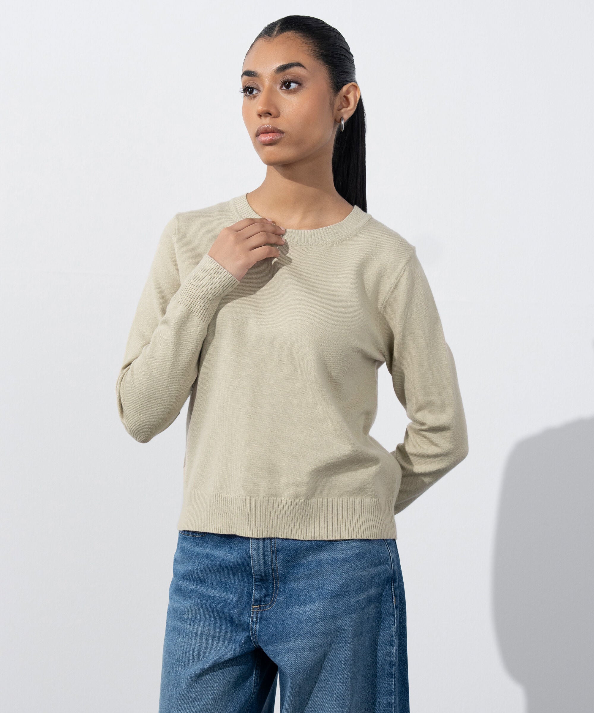 Women's Western Wear Beige Slim-Fit Knit Sweater