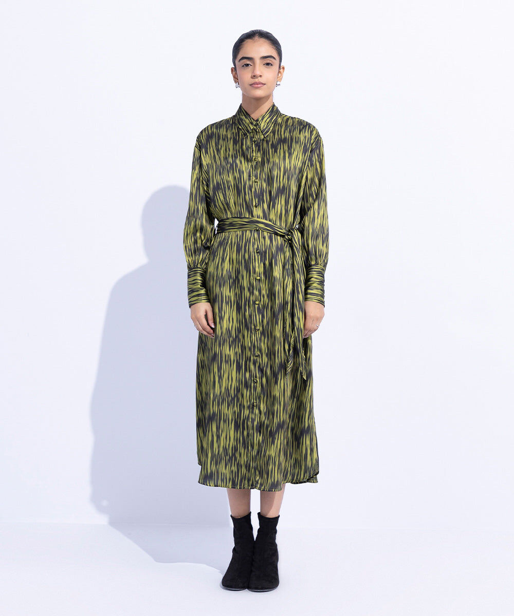 Woman - Green Silky Printed Dress with Belt