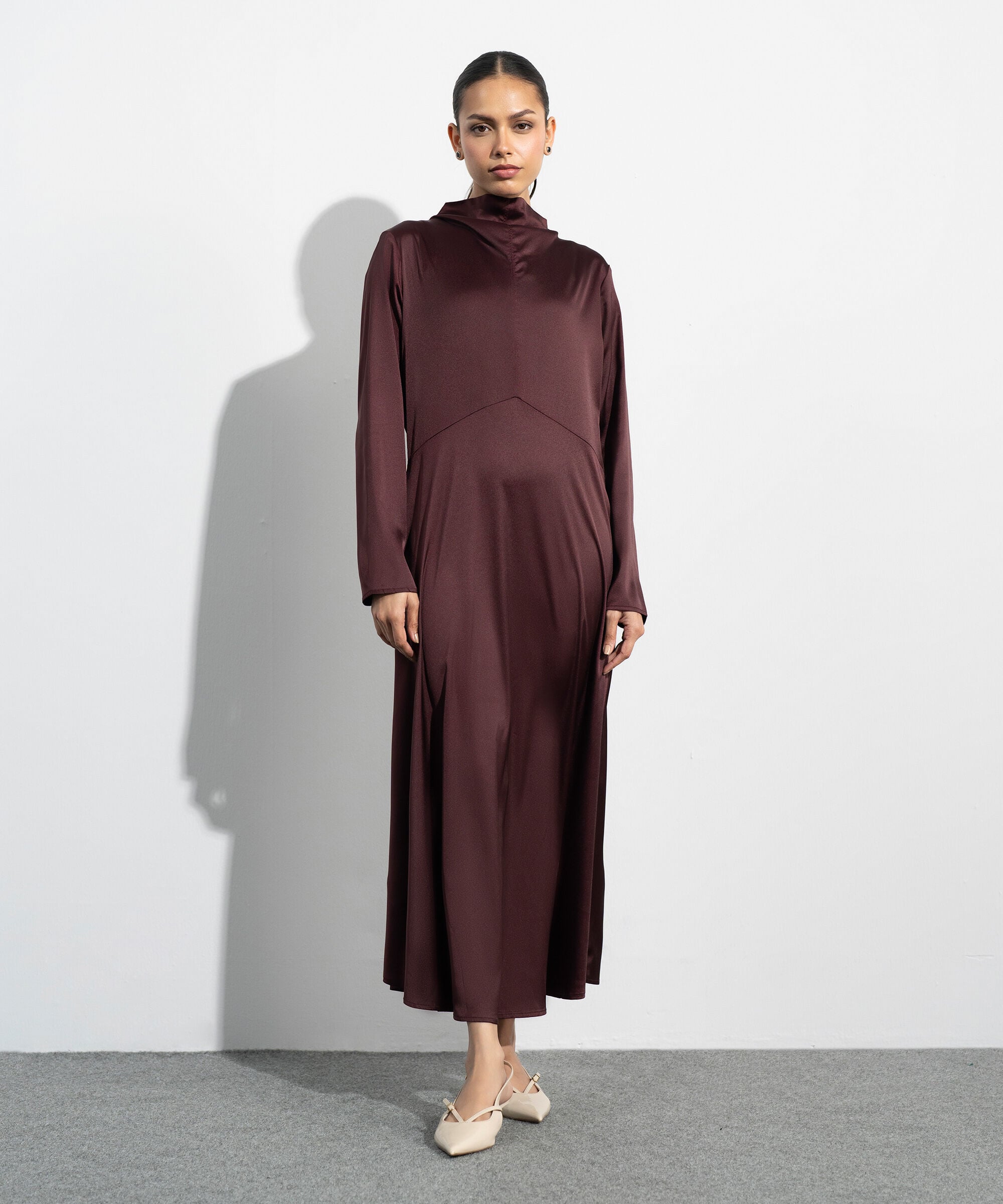 Women's Western Maroon Polka Dot Satin Dress