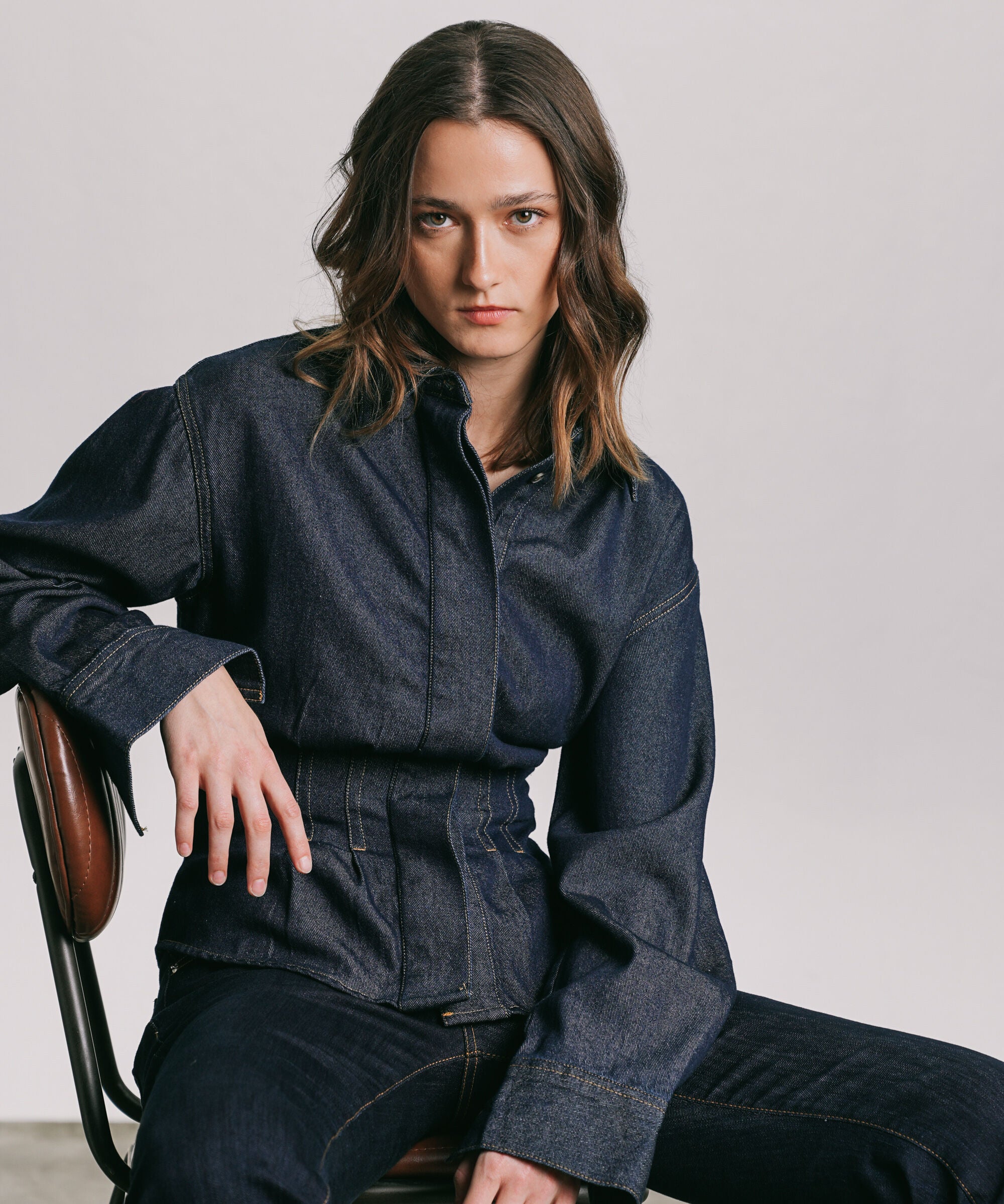 Women's Western Wear Blue Fitted Denim Shirt With Darts