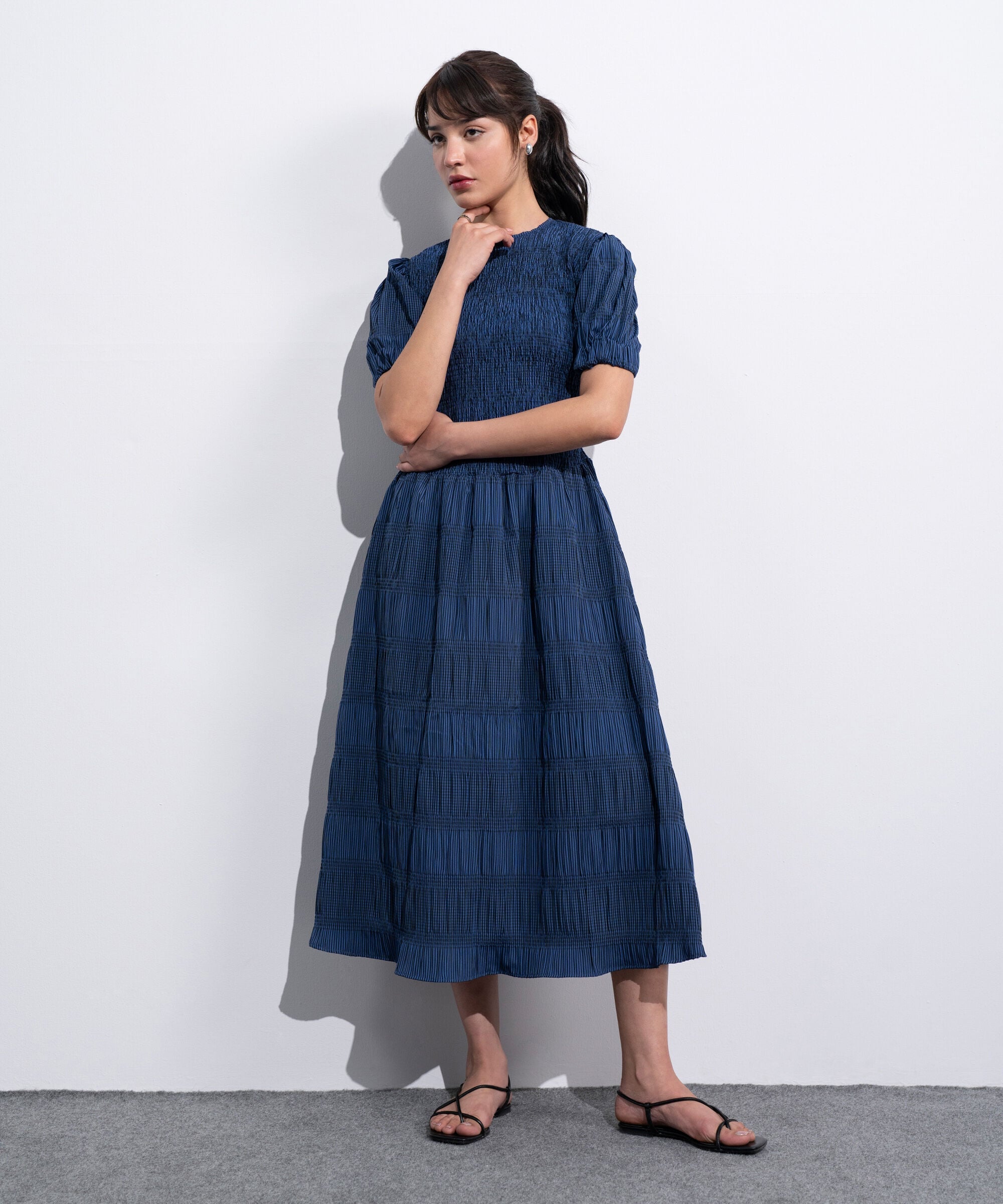 Women's Western Blue And Black Smocked Seersucker Gingham Dress