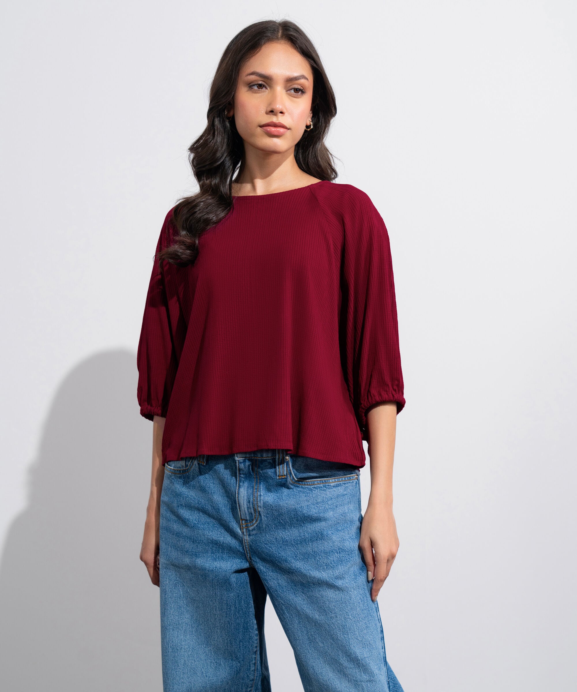 Women's Western Cherry Red Seersucker Kimono Top