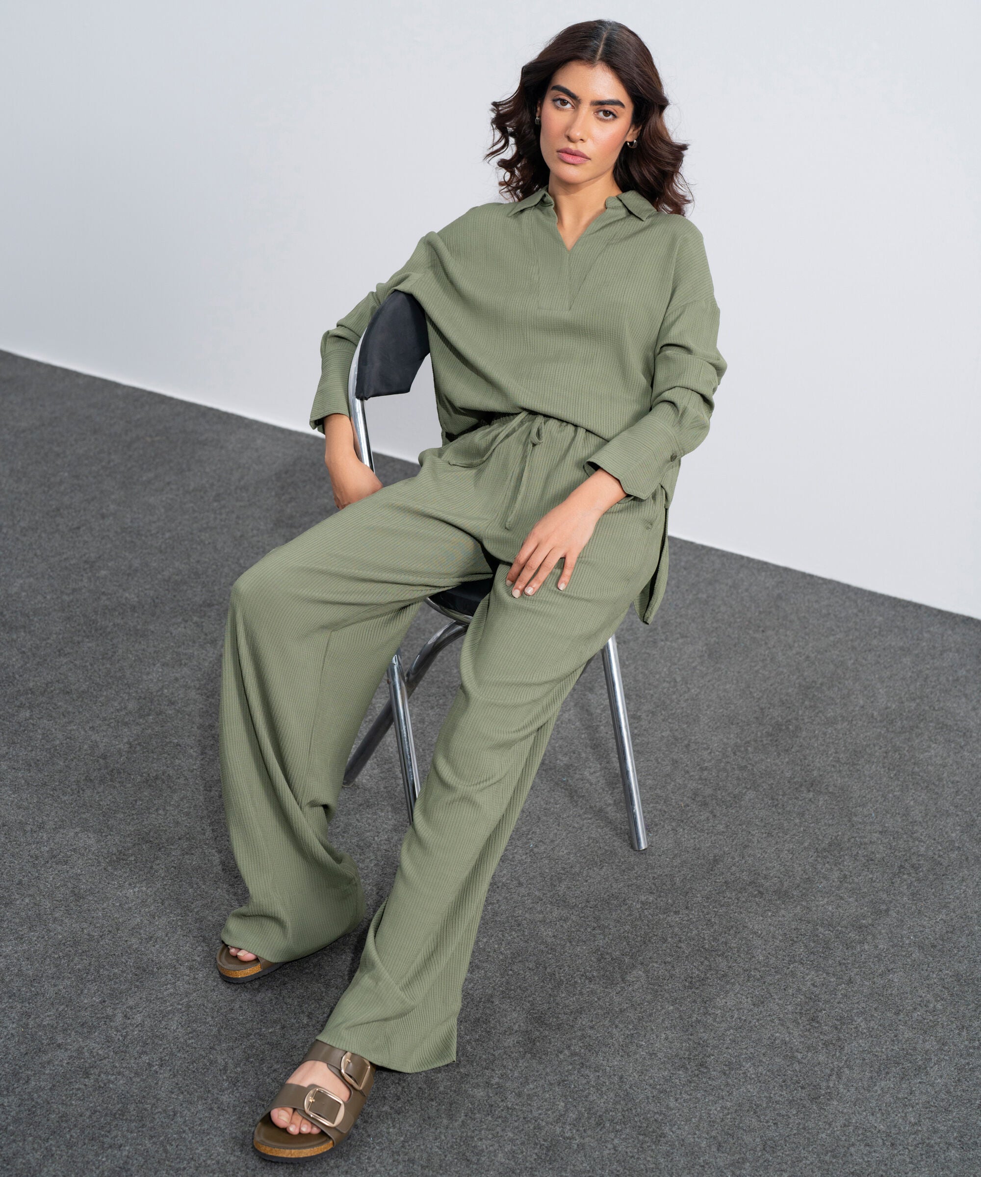 Women's Western Olive Green Seersucker Pull-On Trousers