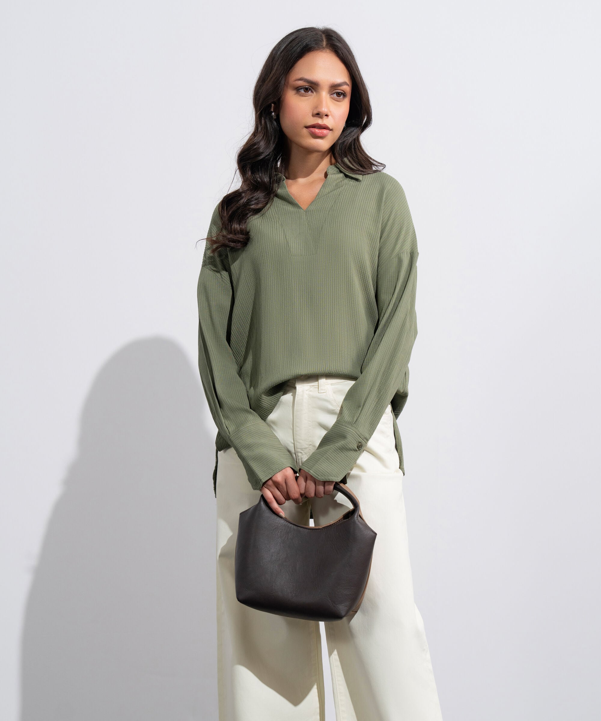 Women's Western green Seersucker V-Neck Top