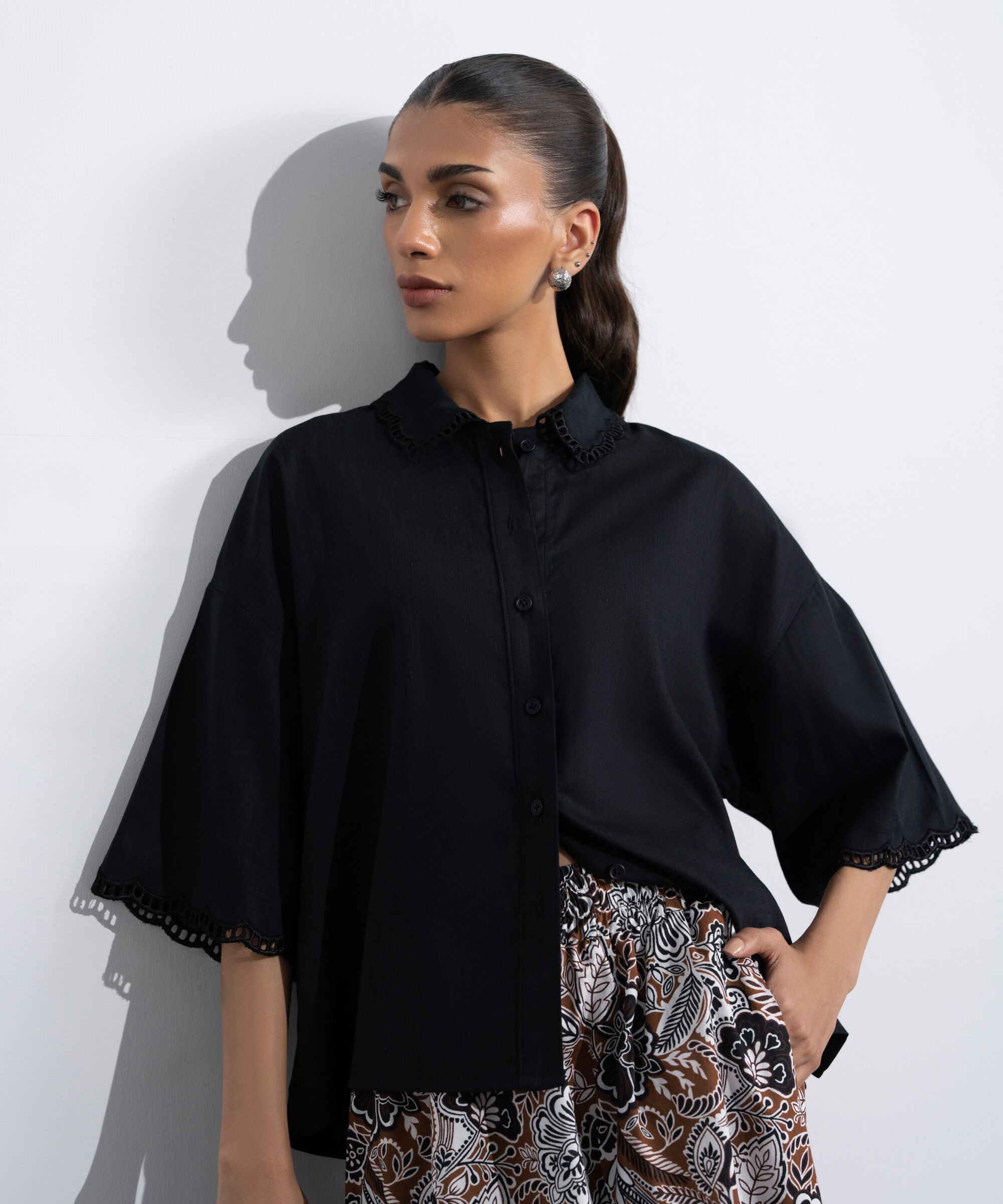 Women's Western Black Regular-Fit Shirt With Lace Trims