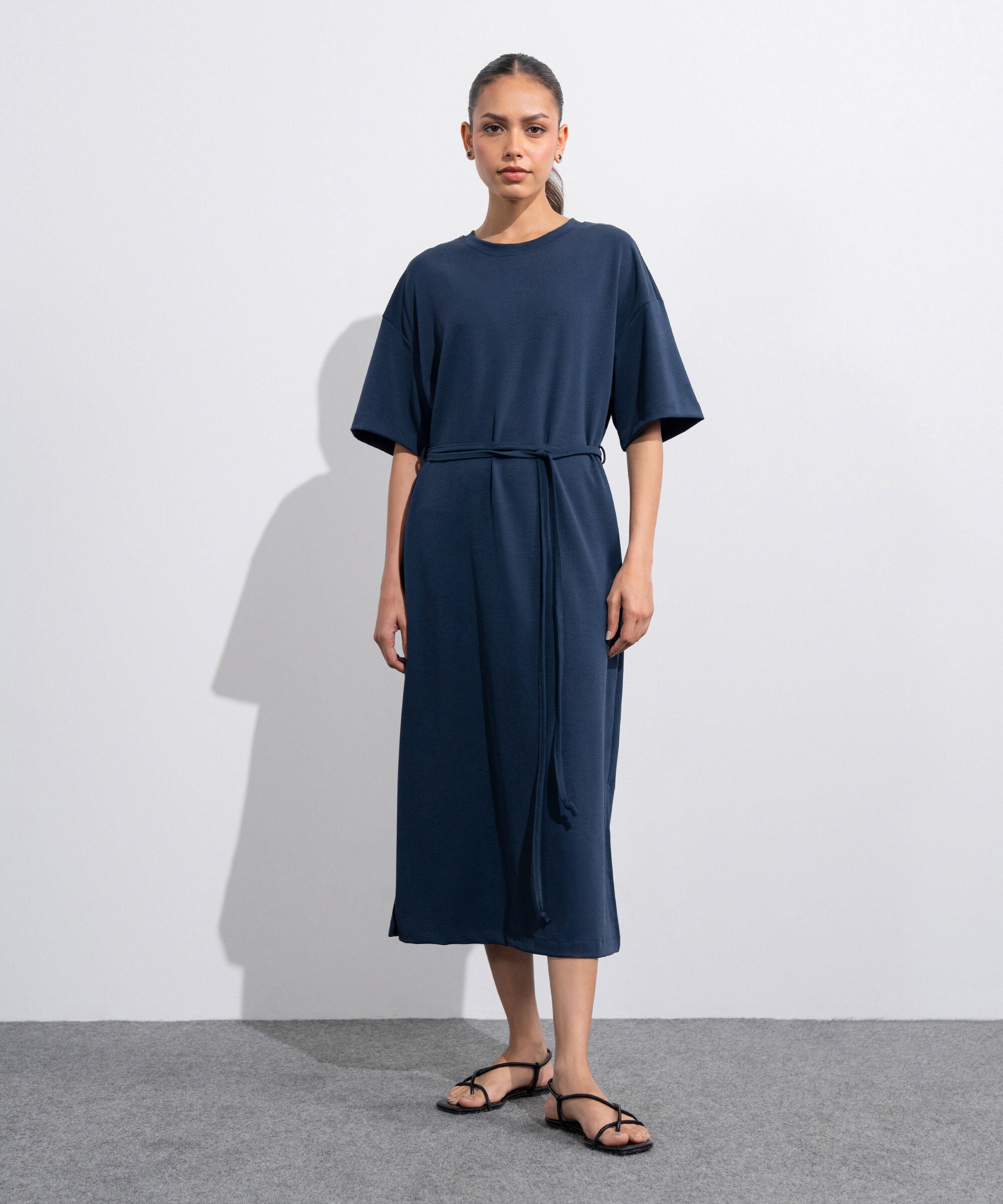 Women's Western Navy Blue Soft Lux T-Shirt Dress With Belt