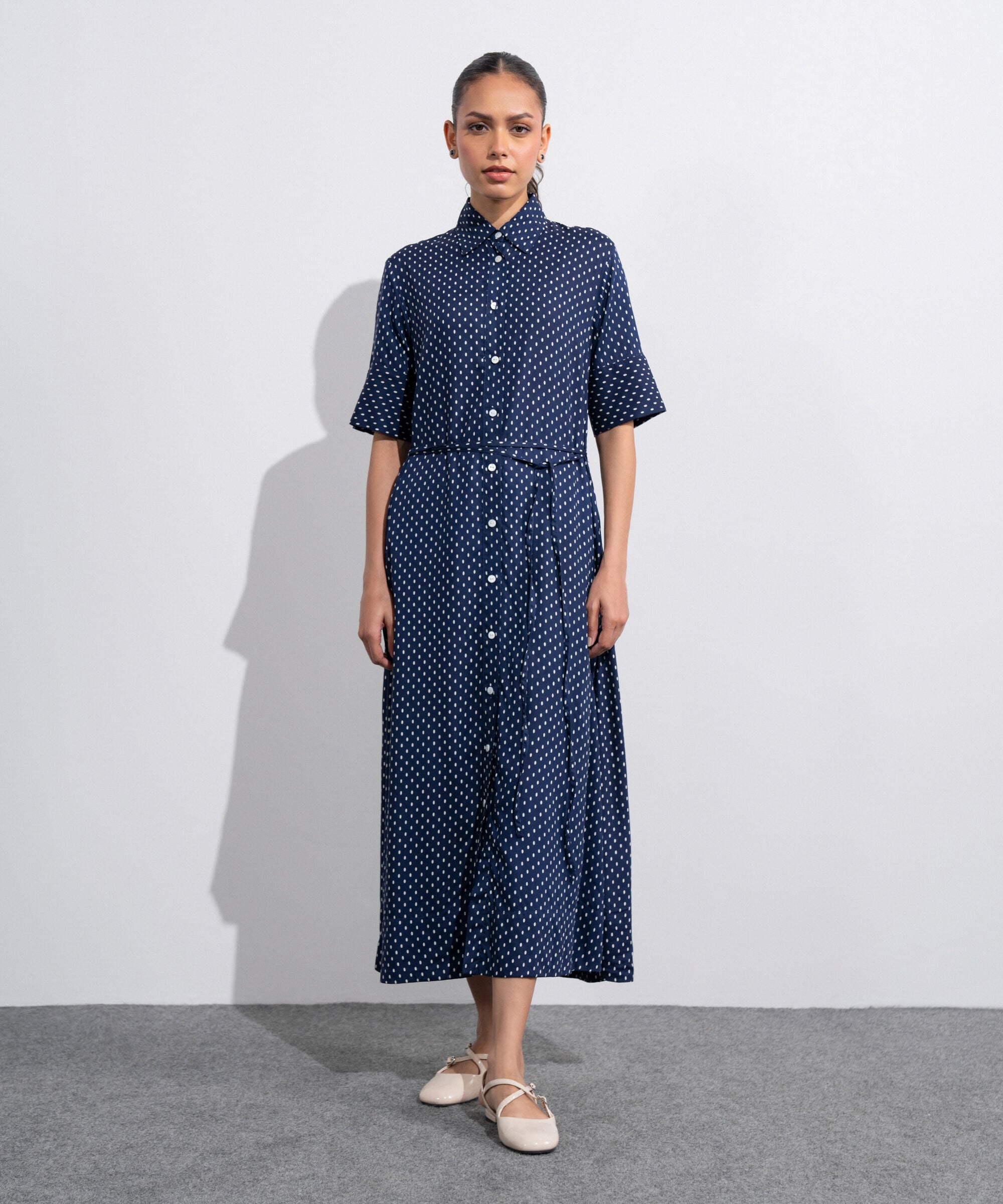 Women's Western Blue And White Polka Dots Flowy Dress