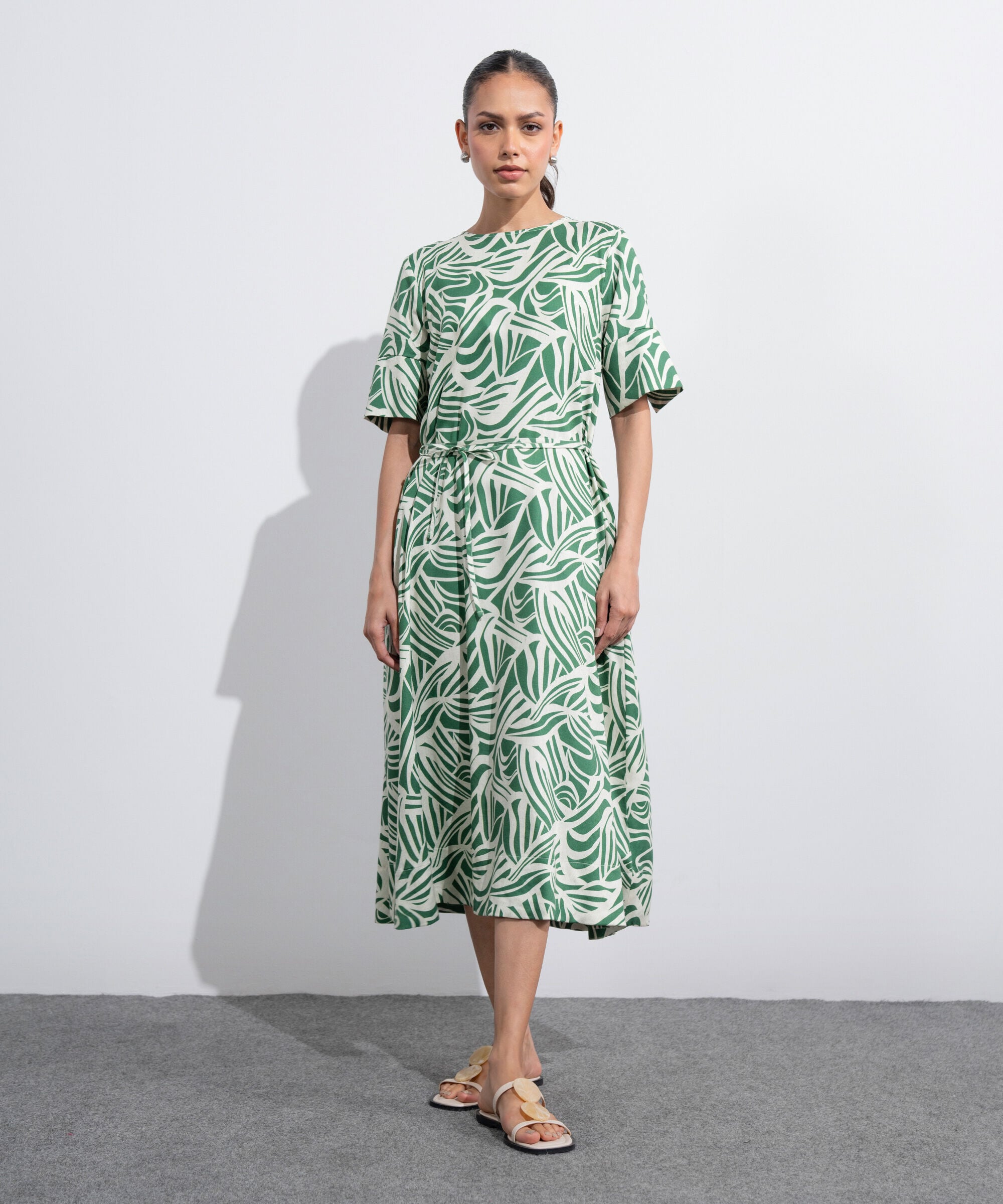 Women's Western Off White And Green Linen Blend Printed Dress
