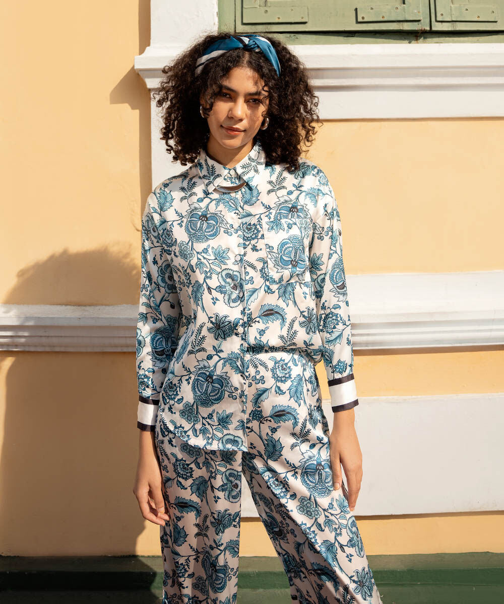 Women's Western Wear Blue Printed Satin Shirt