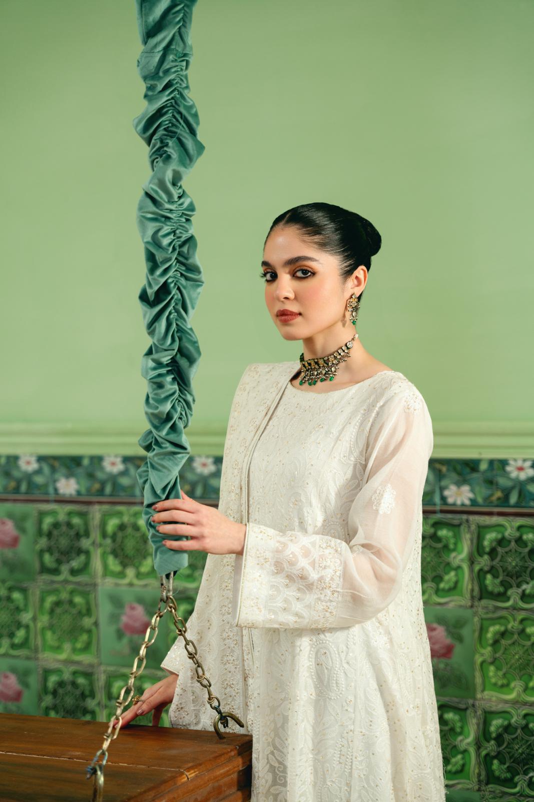 White Chikankari Kalidaar