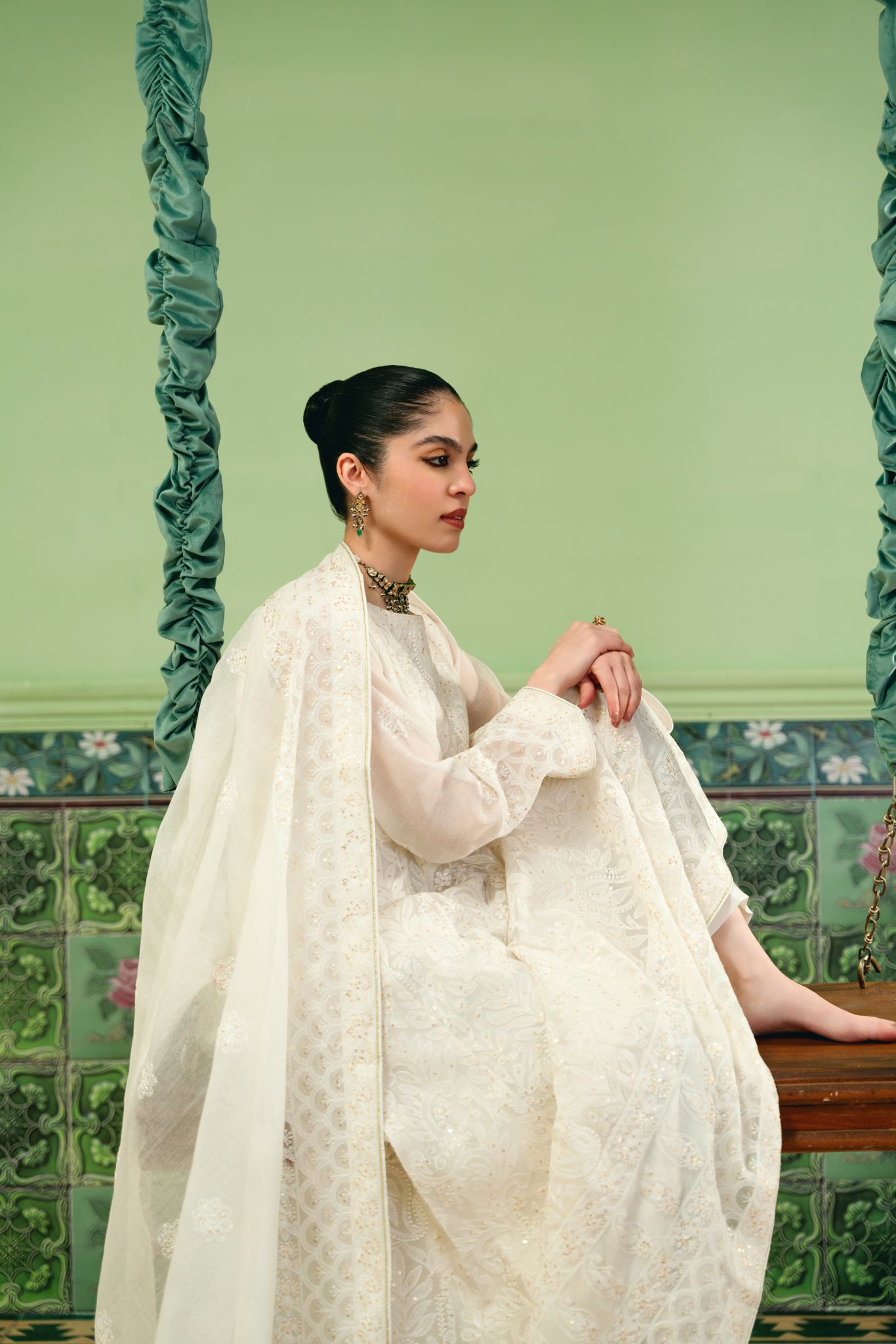 White Chikankari Kalidaar