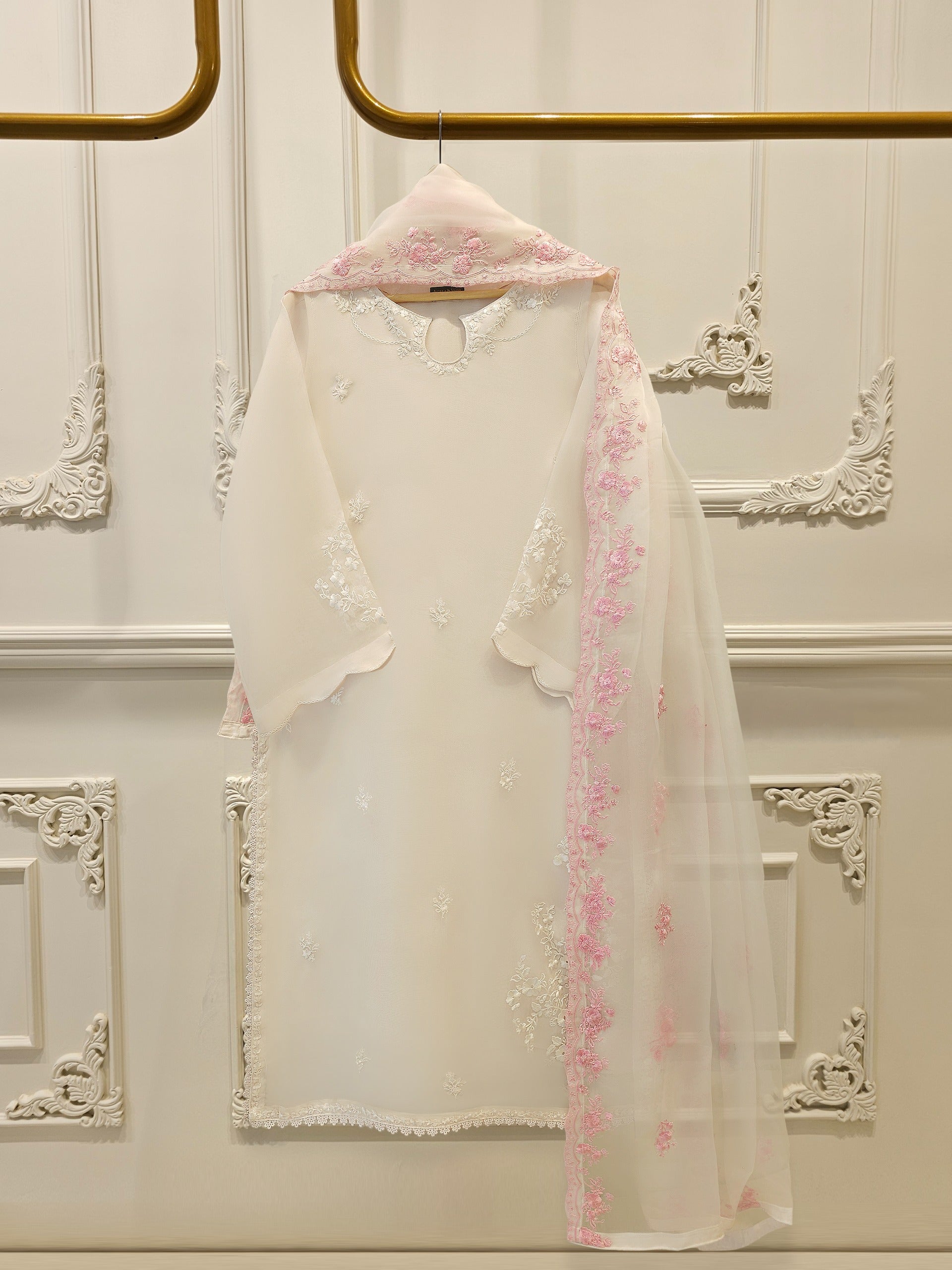 3 Piece - Pure Organza Embroidered Suit S112343