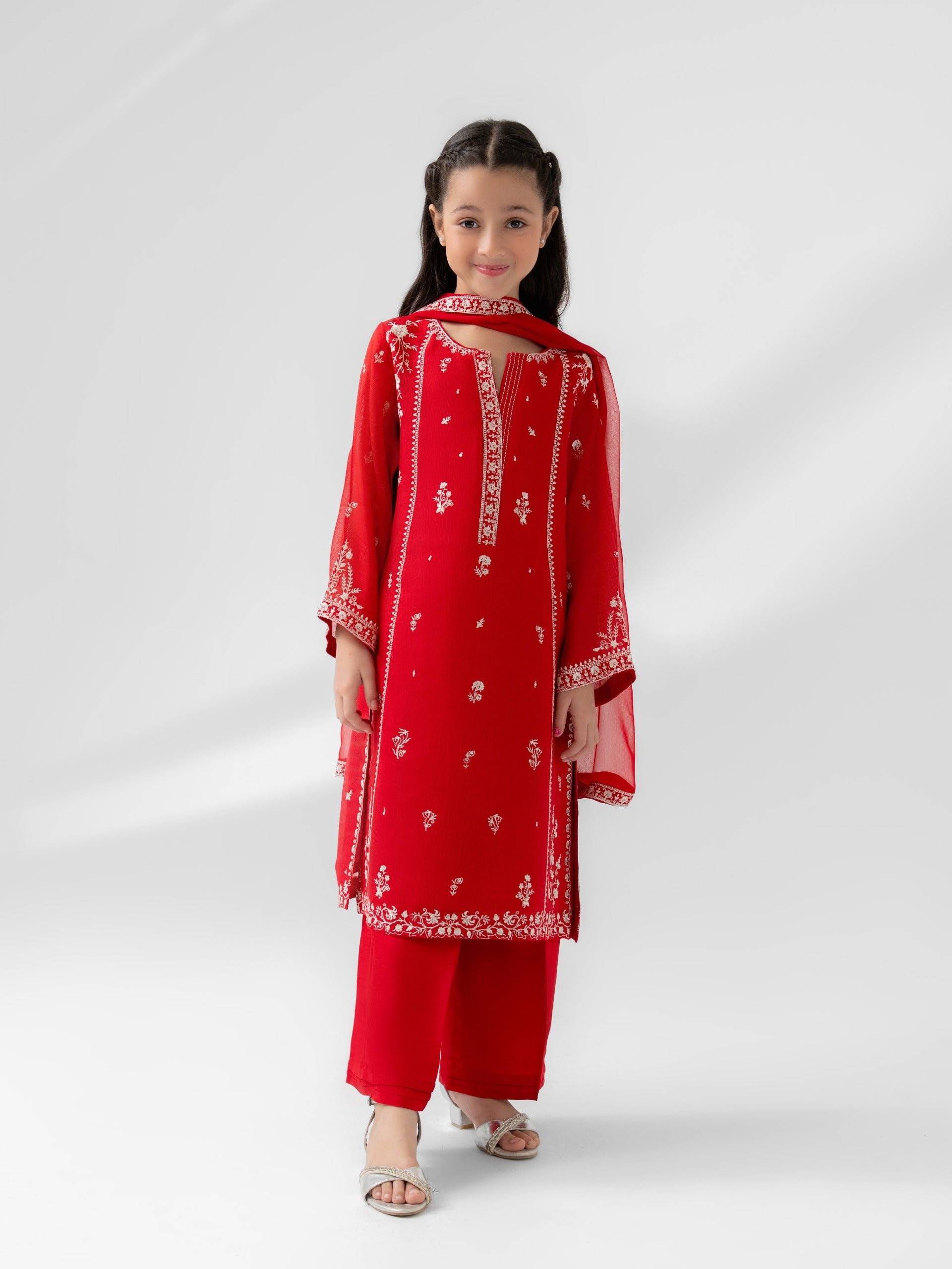 (Kids) 3 Piece - Embroidered Cotton Net Suit FKD-077