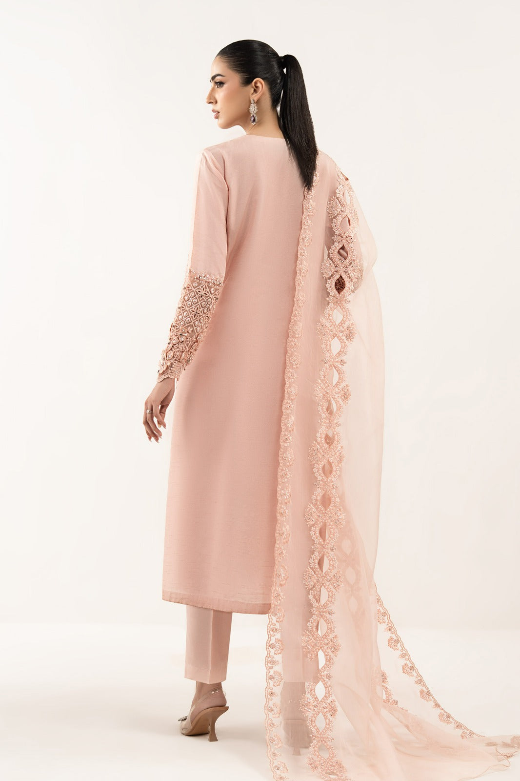 3 Piece Embroidered Raw Silk Suit - SFE2626-ESM-PNK
