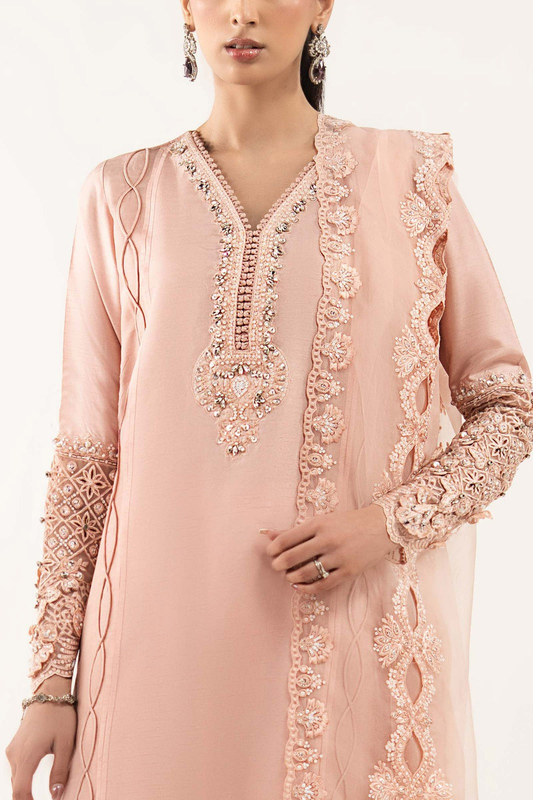 3 Piece Embroidered Raw Silk Suit - SFE2626-ESM-PNK