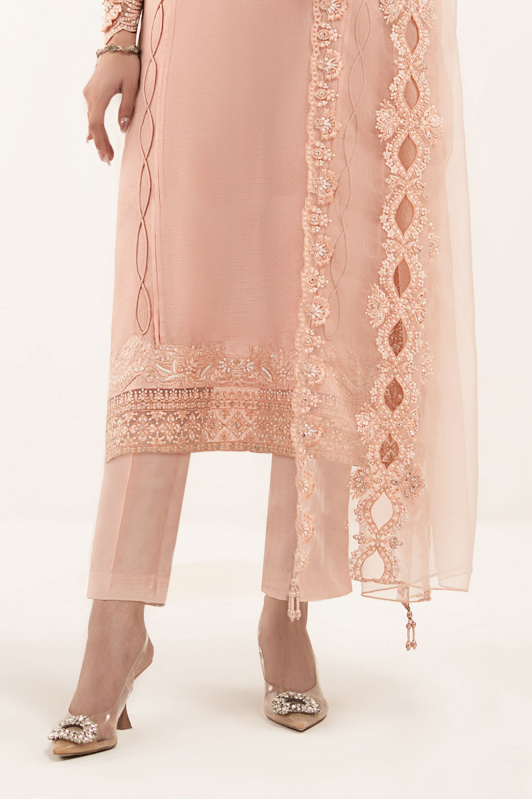 3 Piece Embroidered Raw Silk Suit - SFE2626-ESM-PNK