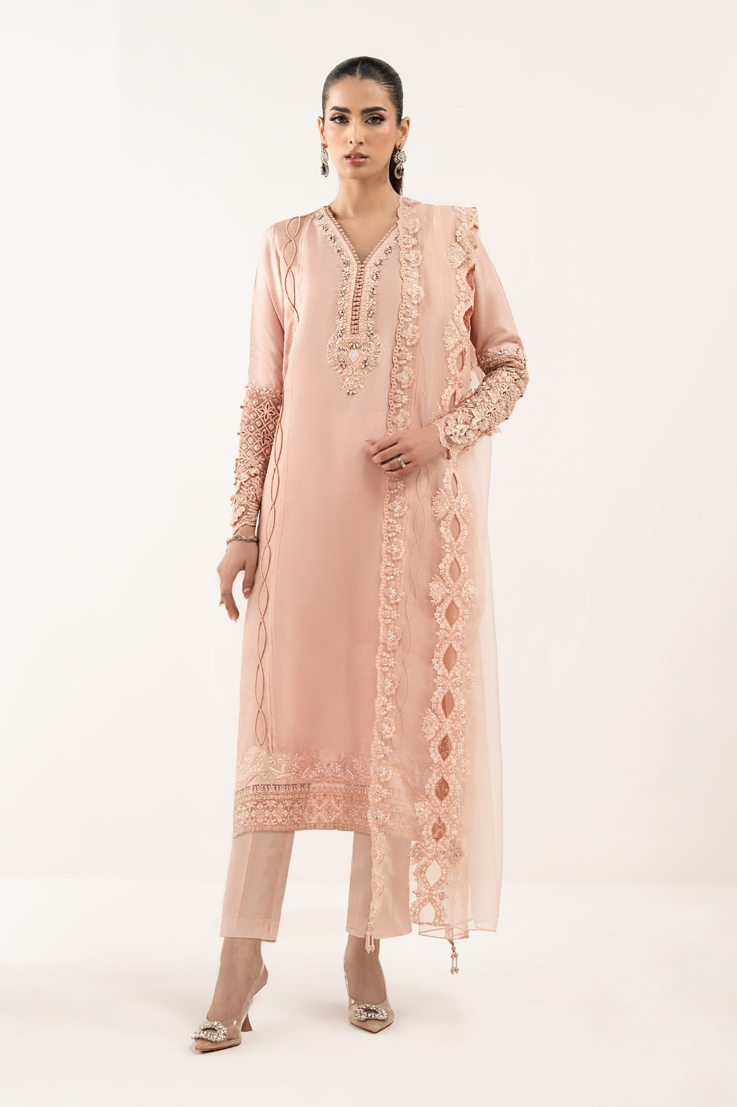 3 Piece Embroidered Raw Silk Suit - SFE2626-ESM-PNK