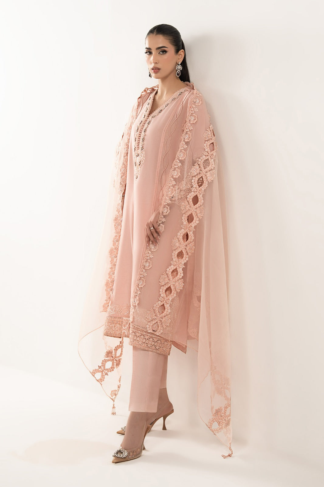 3 Piece Embroidered Raw Silk Suit - SFE2626-ESM-PNK