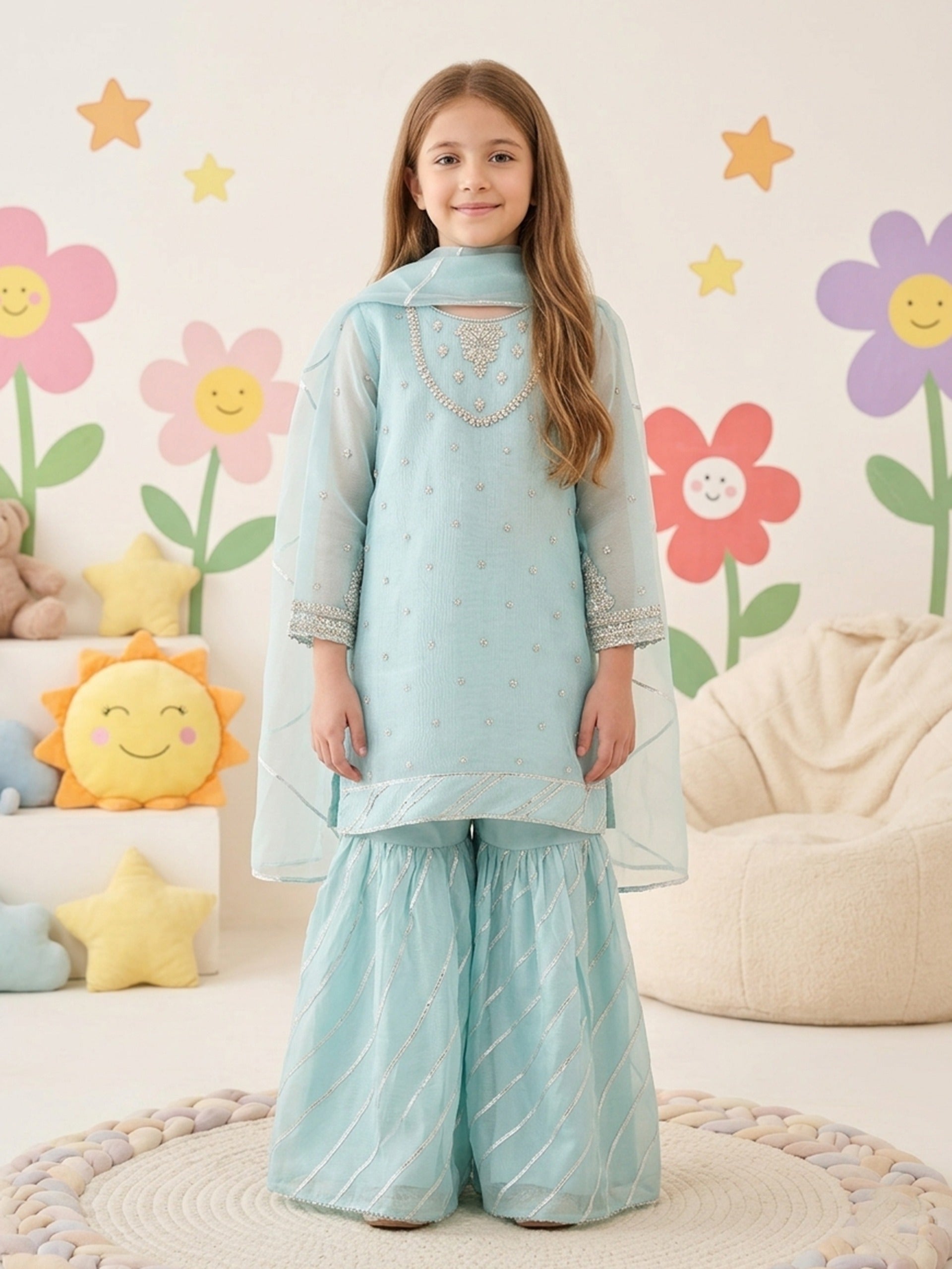 (Kids) 3 Piece - Embroidered Organza Suit KD-025