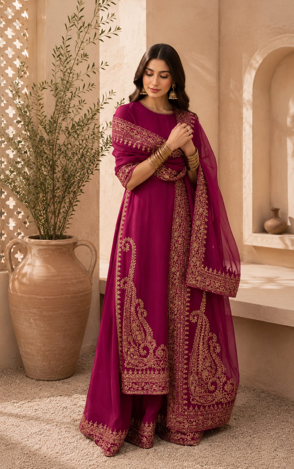 Zarshab Mahroon Festive 26 | Golden Tilla & Sequins Lawn Suit