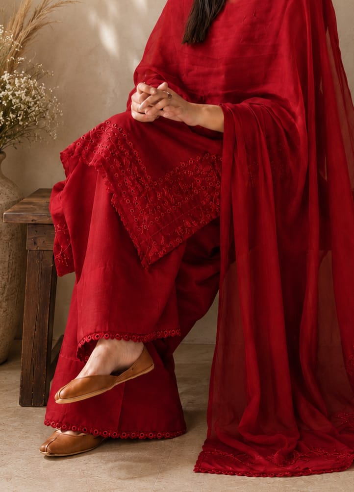 Red Petal Lawn Suit – Bright Red 3 Piece Stitched Dress