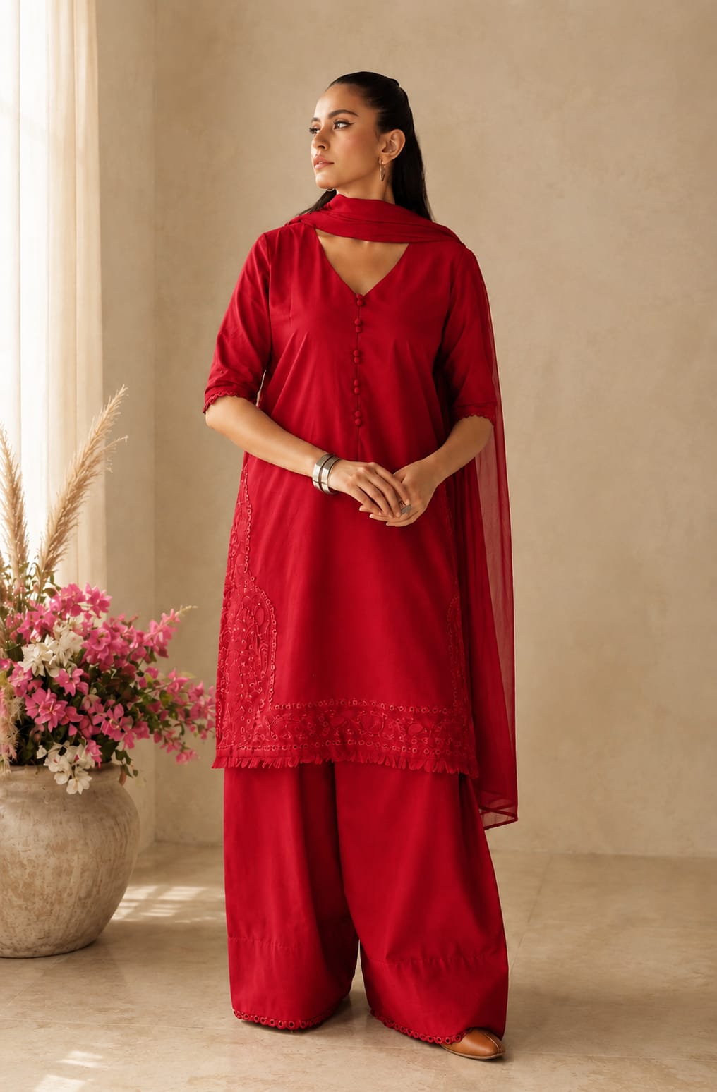 Red Petal Lawn Suit – Bright Red 3 Piece Stitched Dress