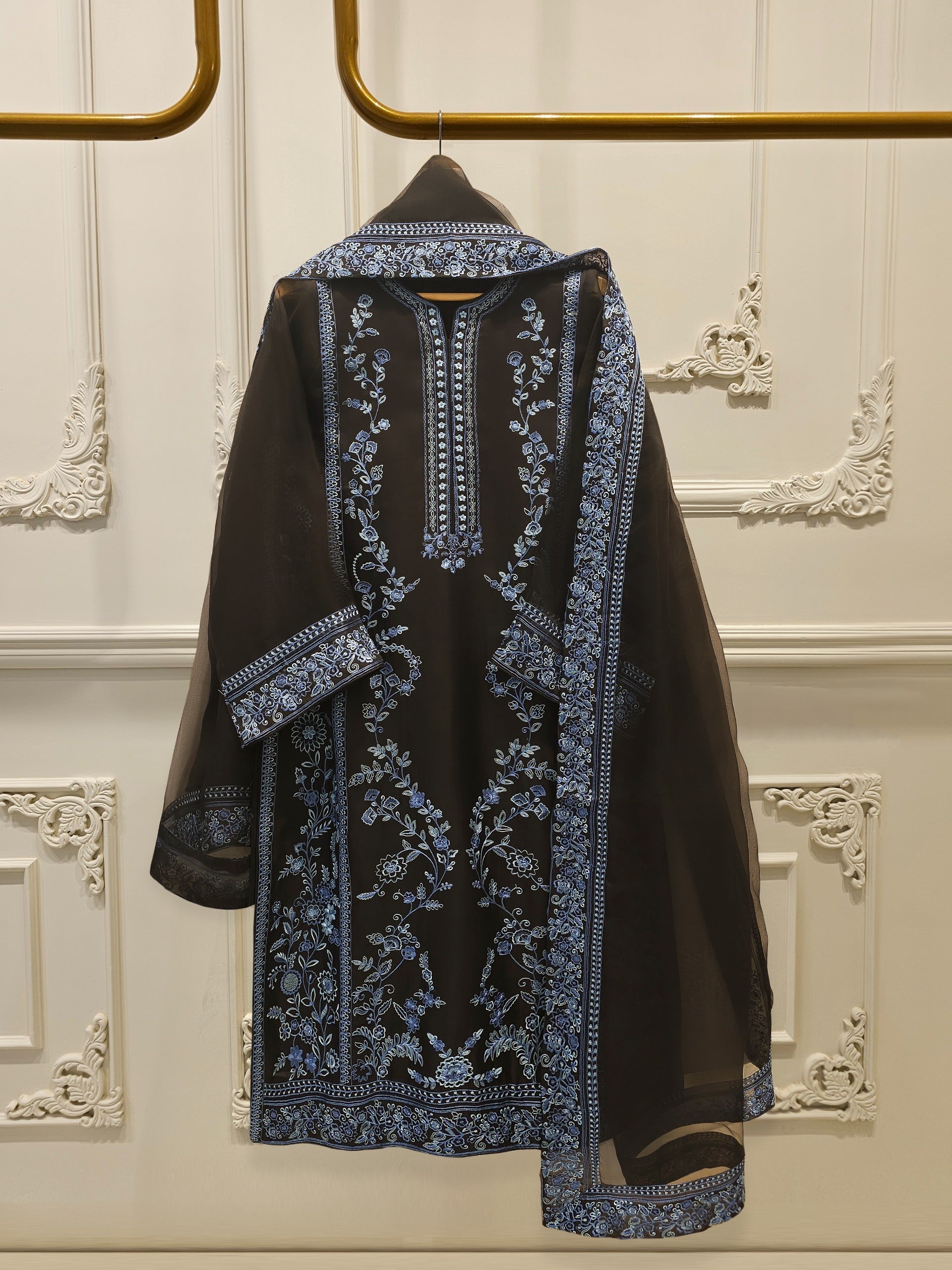 3 Piece - Pure Organza Embroidered Suit S112401