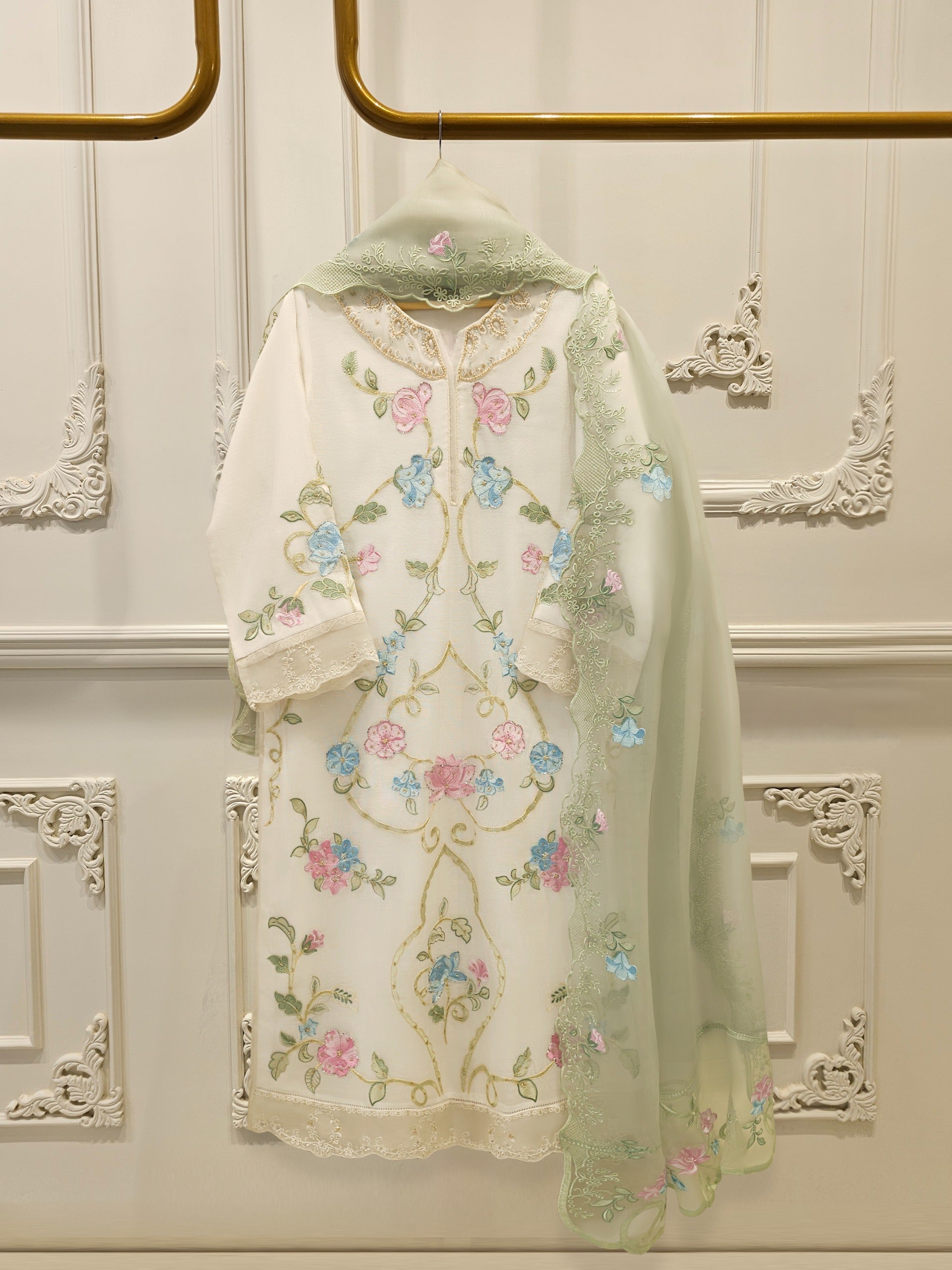 3 Piece - Pure Embroidered Cotton Net Suit S112489