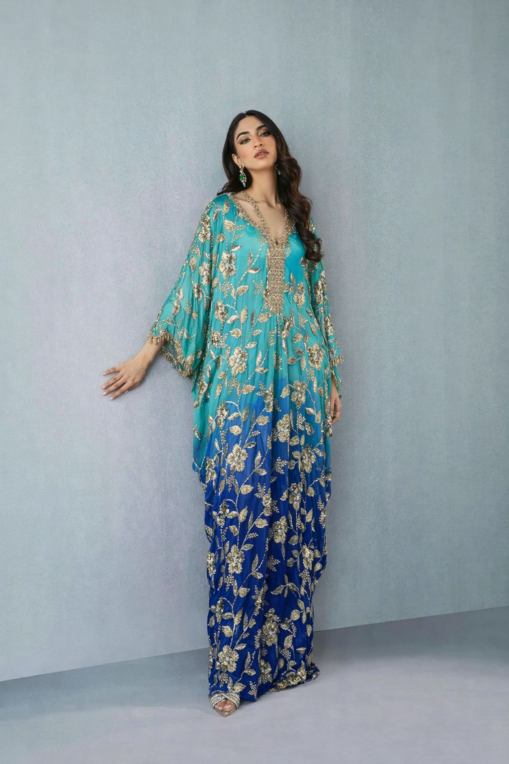 Ombrè Kaftan with Hand Embellished Neckline