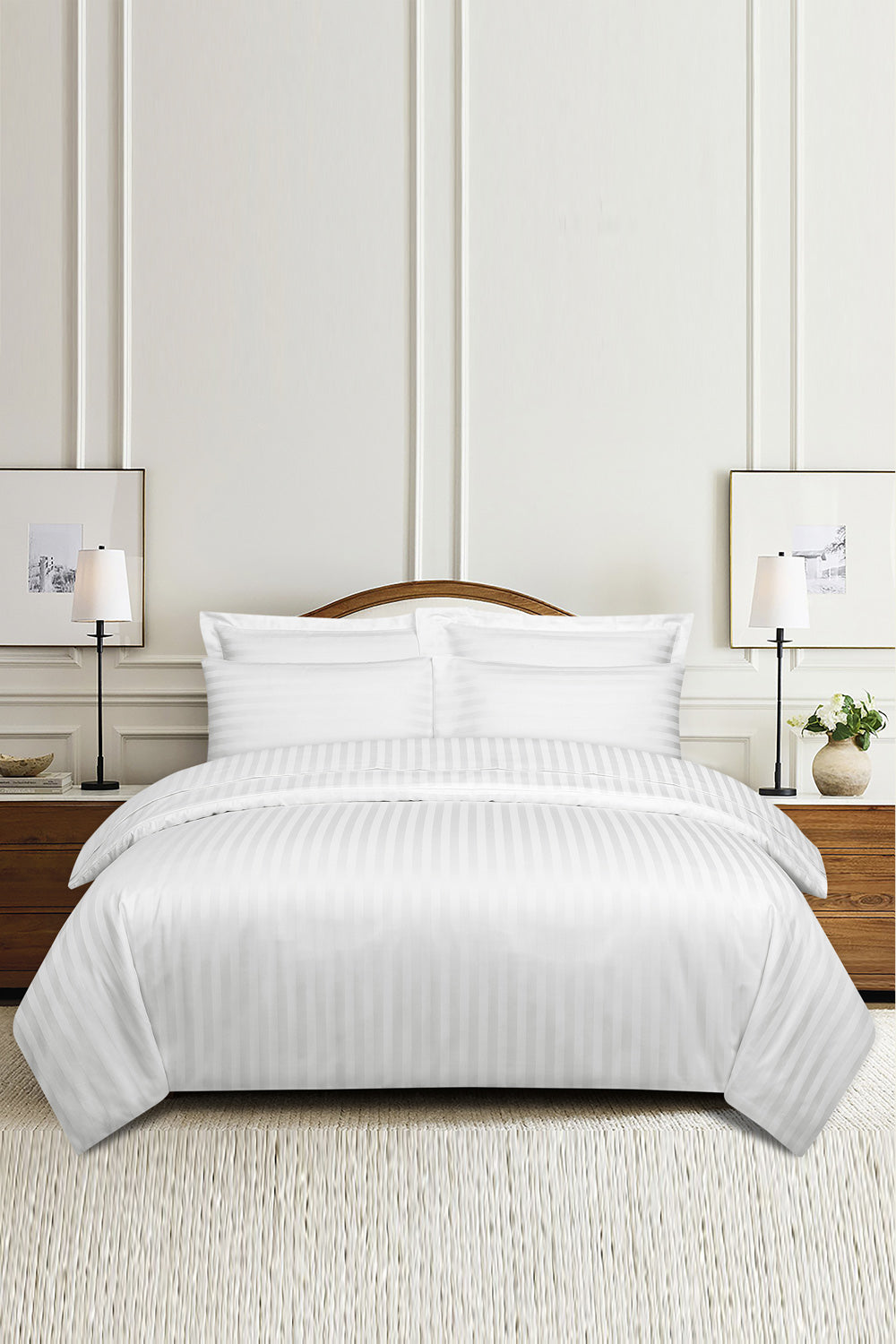 White Stripe Satin Complete Bed Set