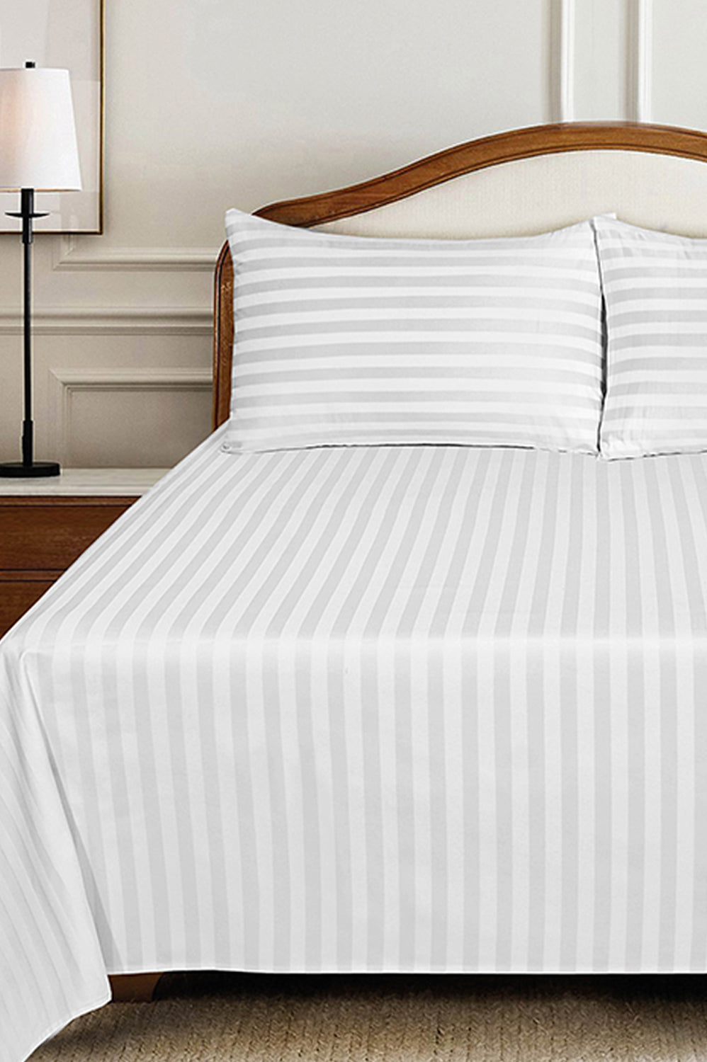 White Fairy Stripe Satin T-250 Bed Sheet Set