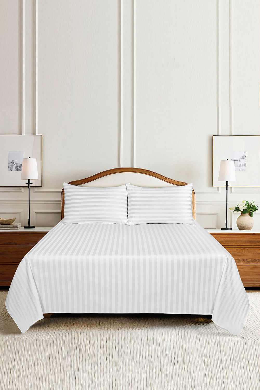 White Fairy Stripe Satin T-250 Bed Sheet Set