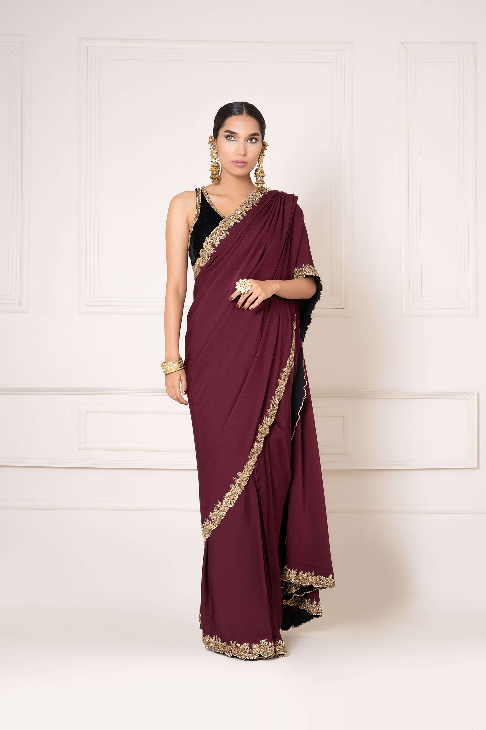 Wine Embellished Sari with Velvet Blouse