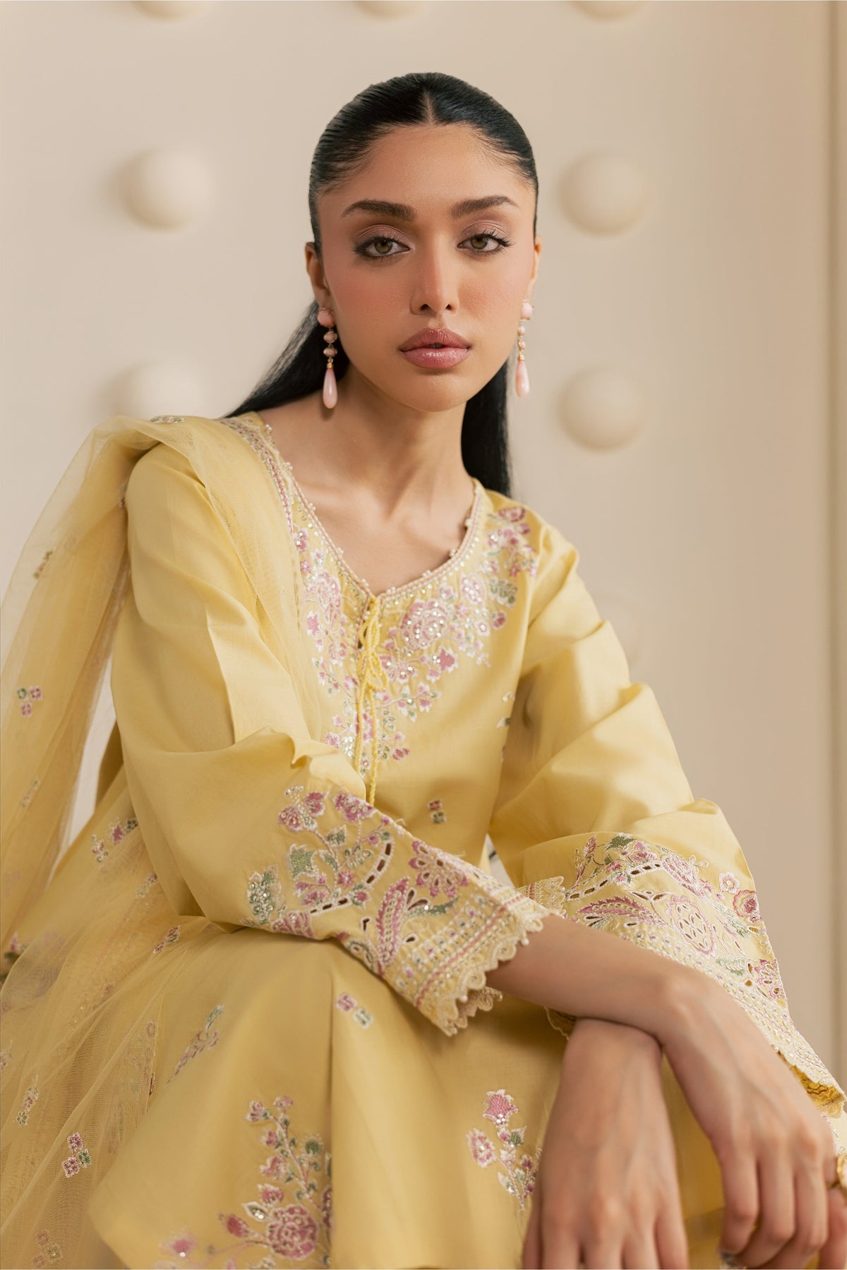 Yellow Adina 3Pc - Embroidered Cambric Pret