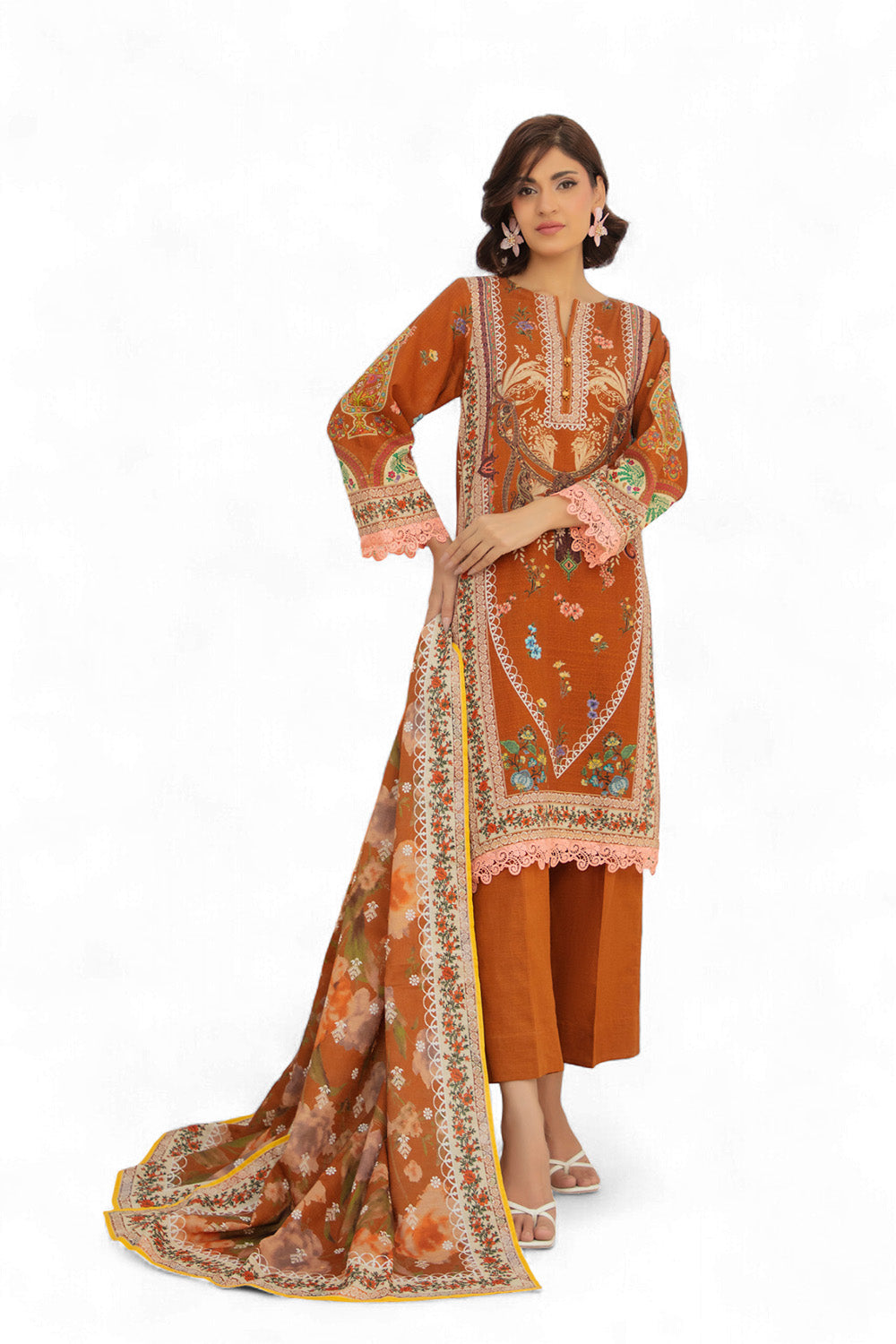 3 Piece Printed Khaddar Suit with Zari Cotton Dupatta