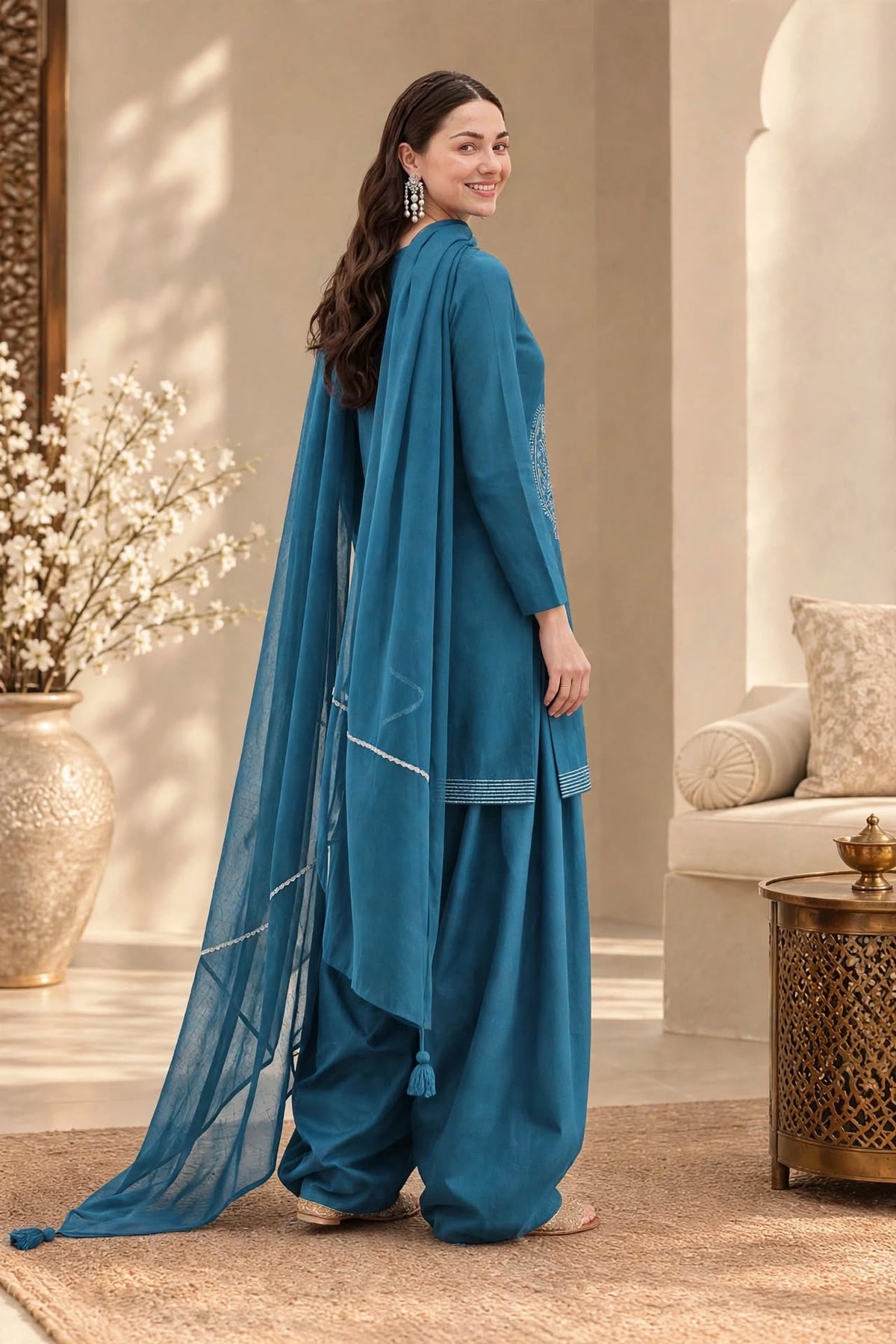 ZINC CHERRY- Plain Viscose Embroidered 3-Piece Suit for women