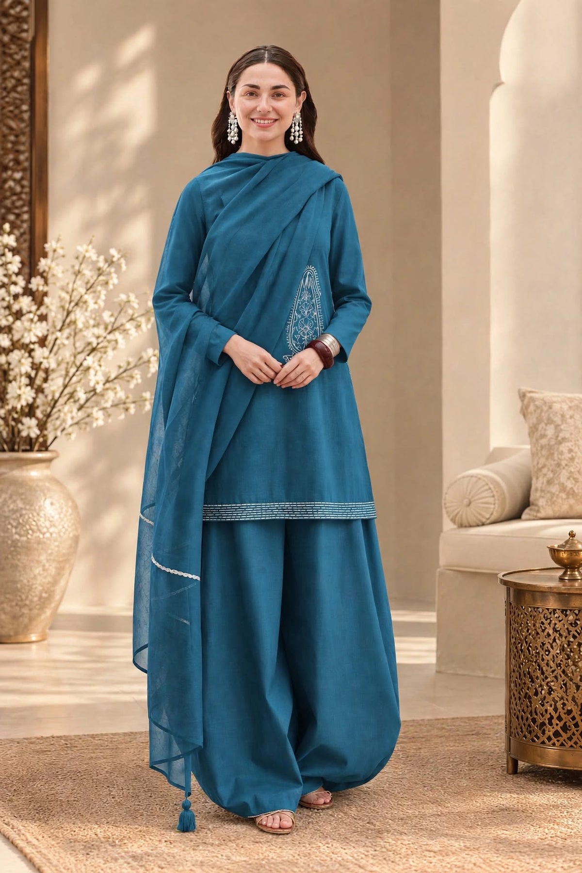 ZINC CHERRY- Plain Viscose Embroidered 3-Piece Suit for women