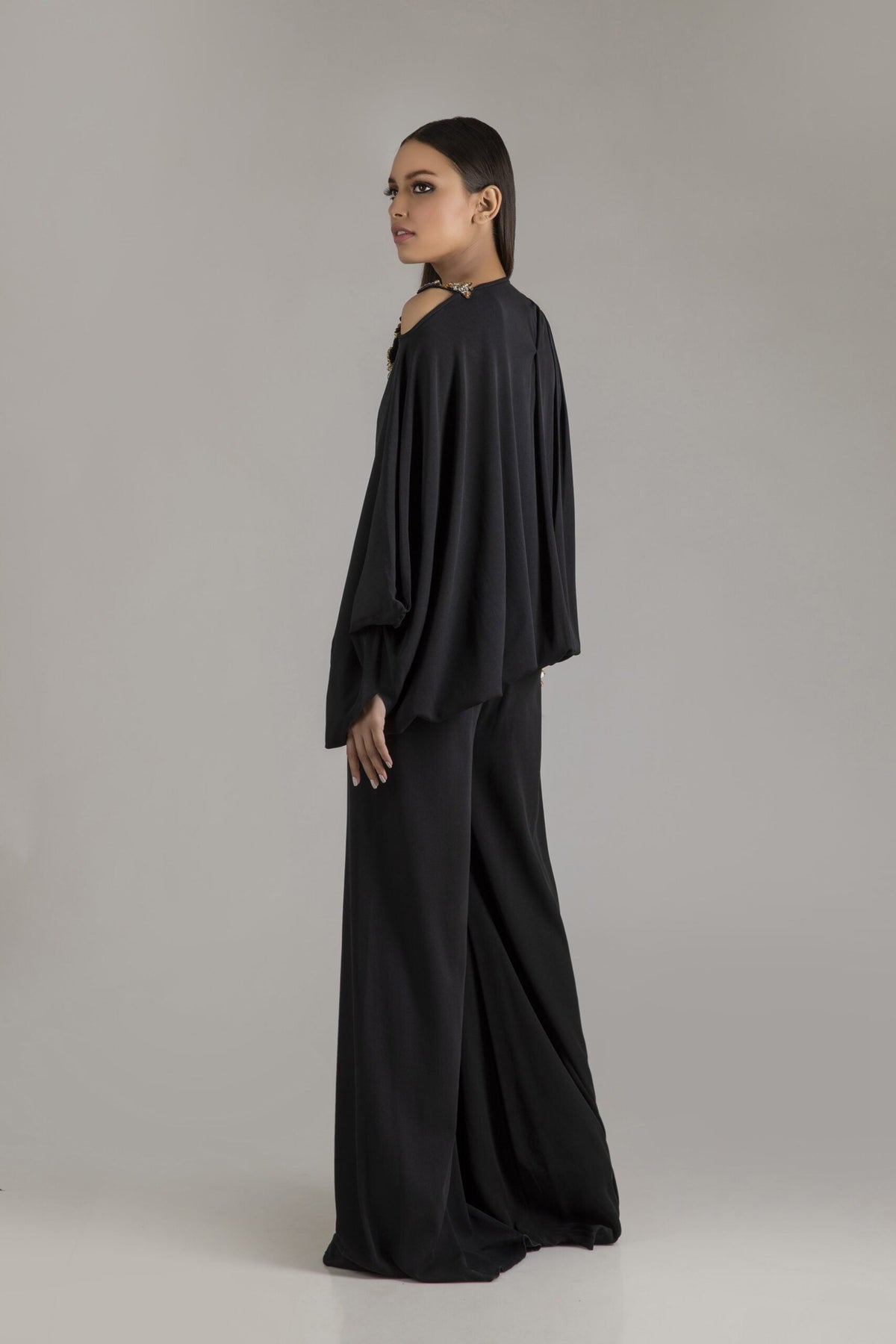 Black Baggy Style Jumpsuit with Crystal Embellished Motif