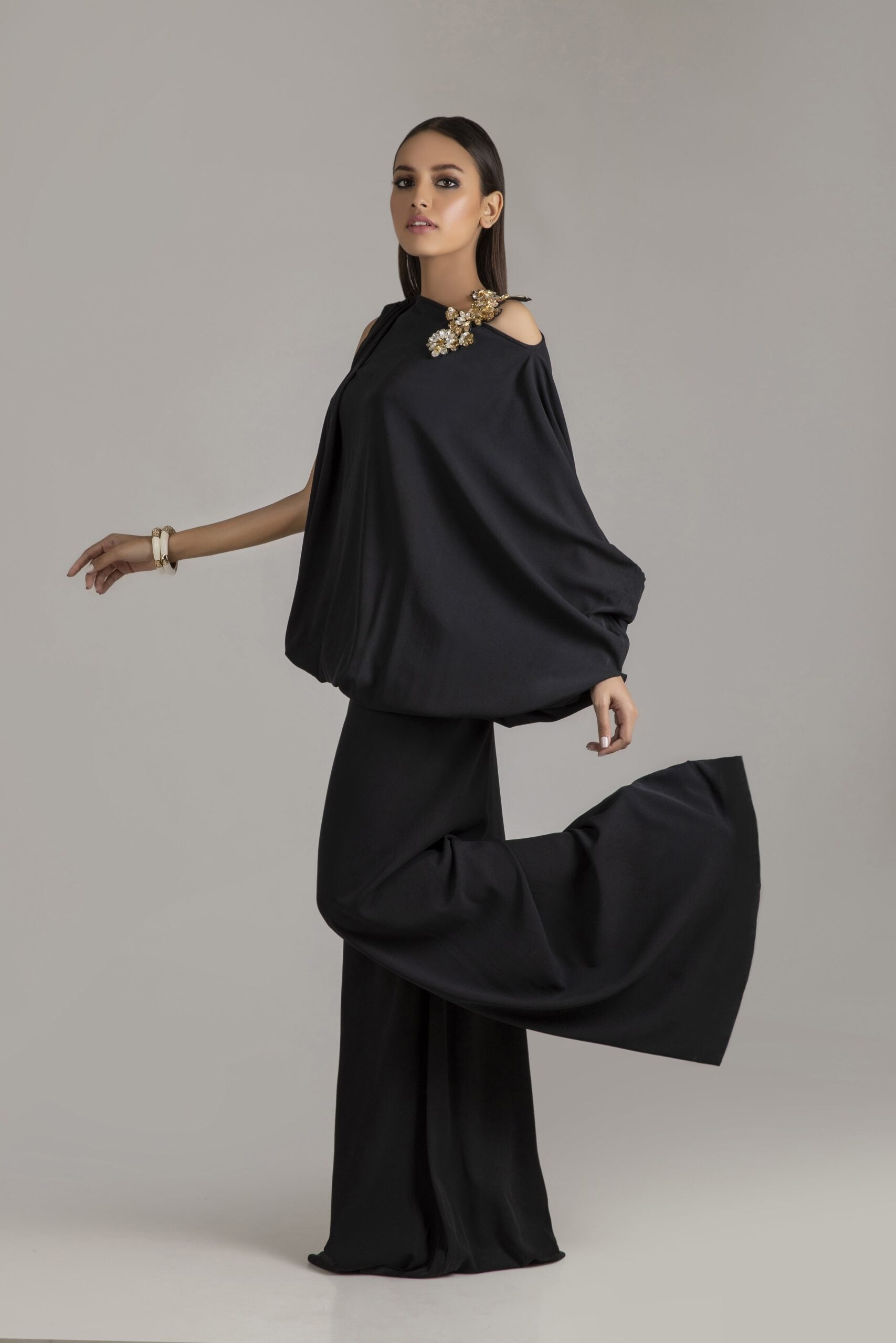 Black Baggy Style Jumpsuit with Crystal Embellished Motif