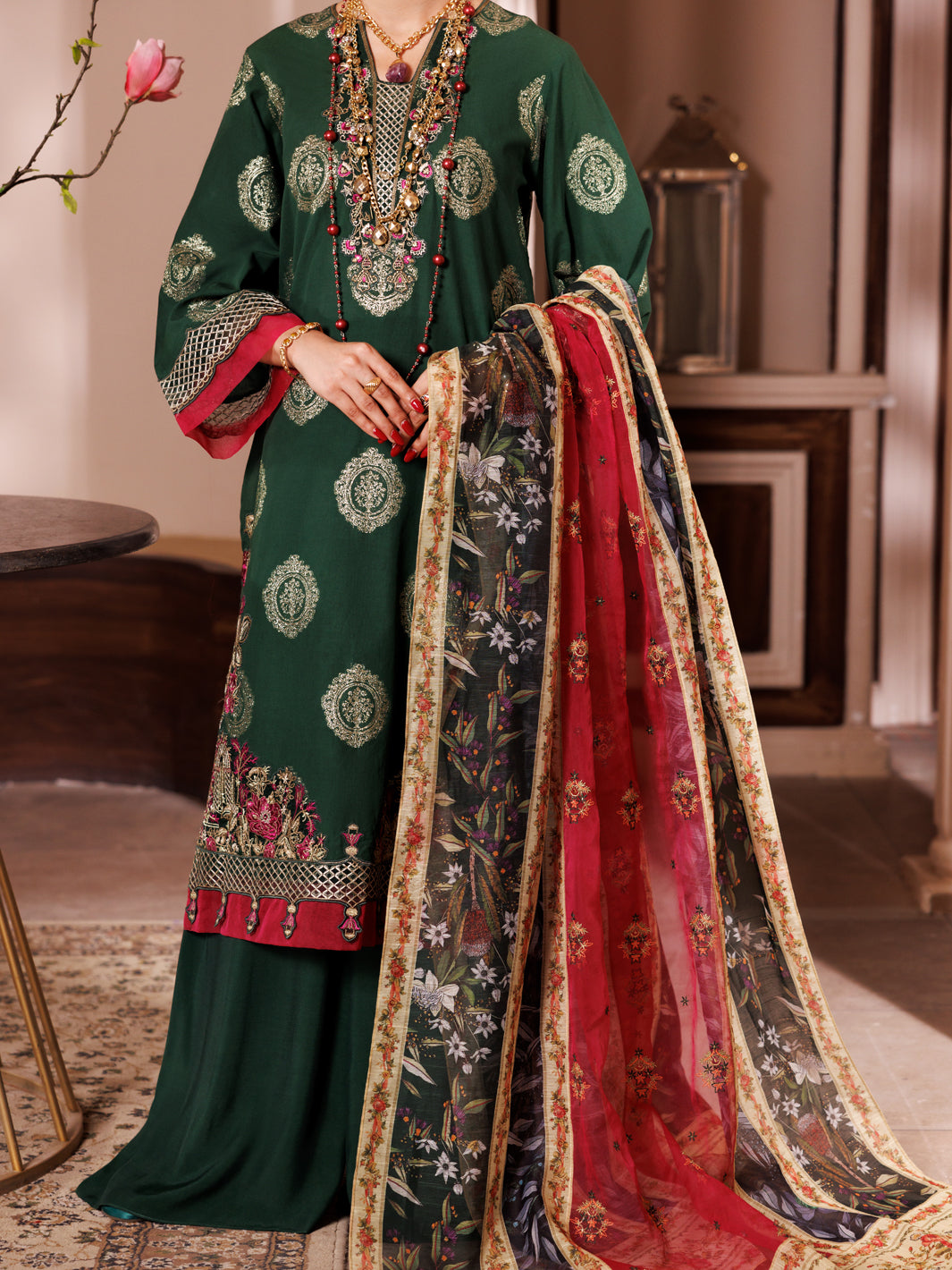 Green Self Jacquard 3Pc Unstitched - ALP-3PS-1944