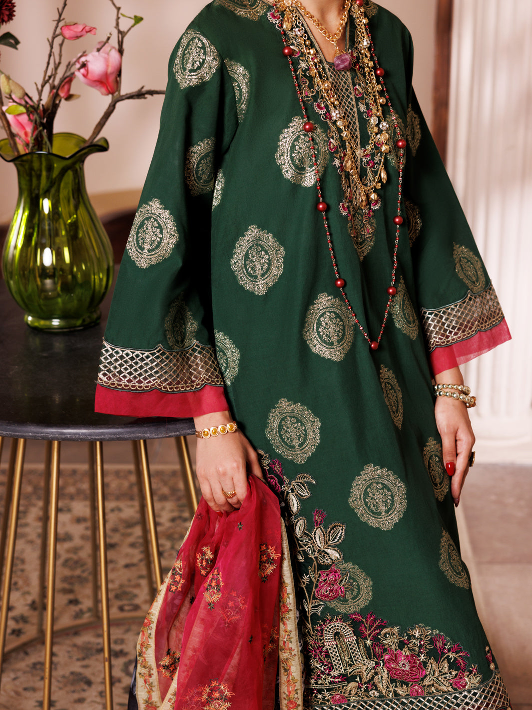 Green Self Jacquard 3Pc Unstitched - ALP-3PS-1944