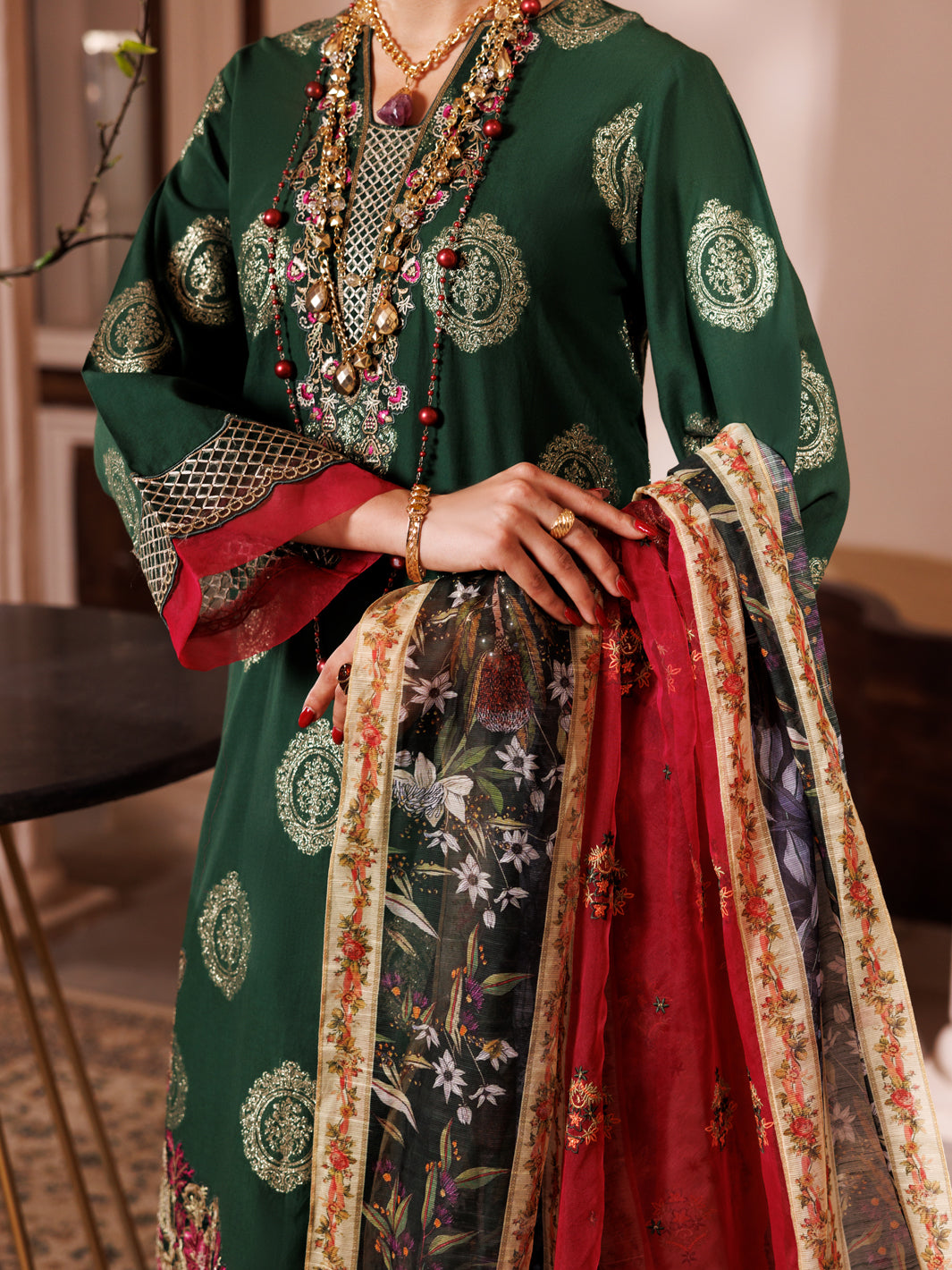 Green Self Jacquard 3Pc Unstitched - ALP-3PS-1944