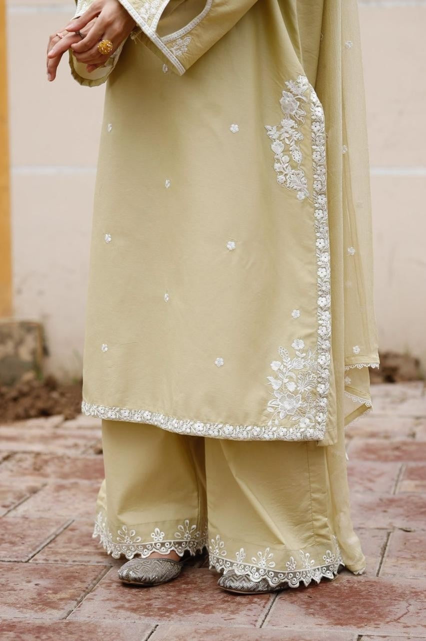 Apple Mist Lawn Suit | White Floral Embroidery 3 Piece Casual Wear